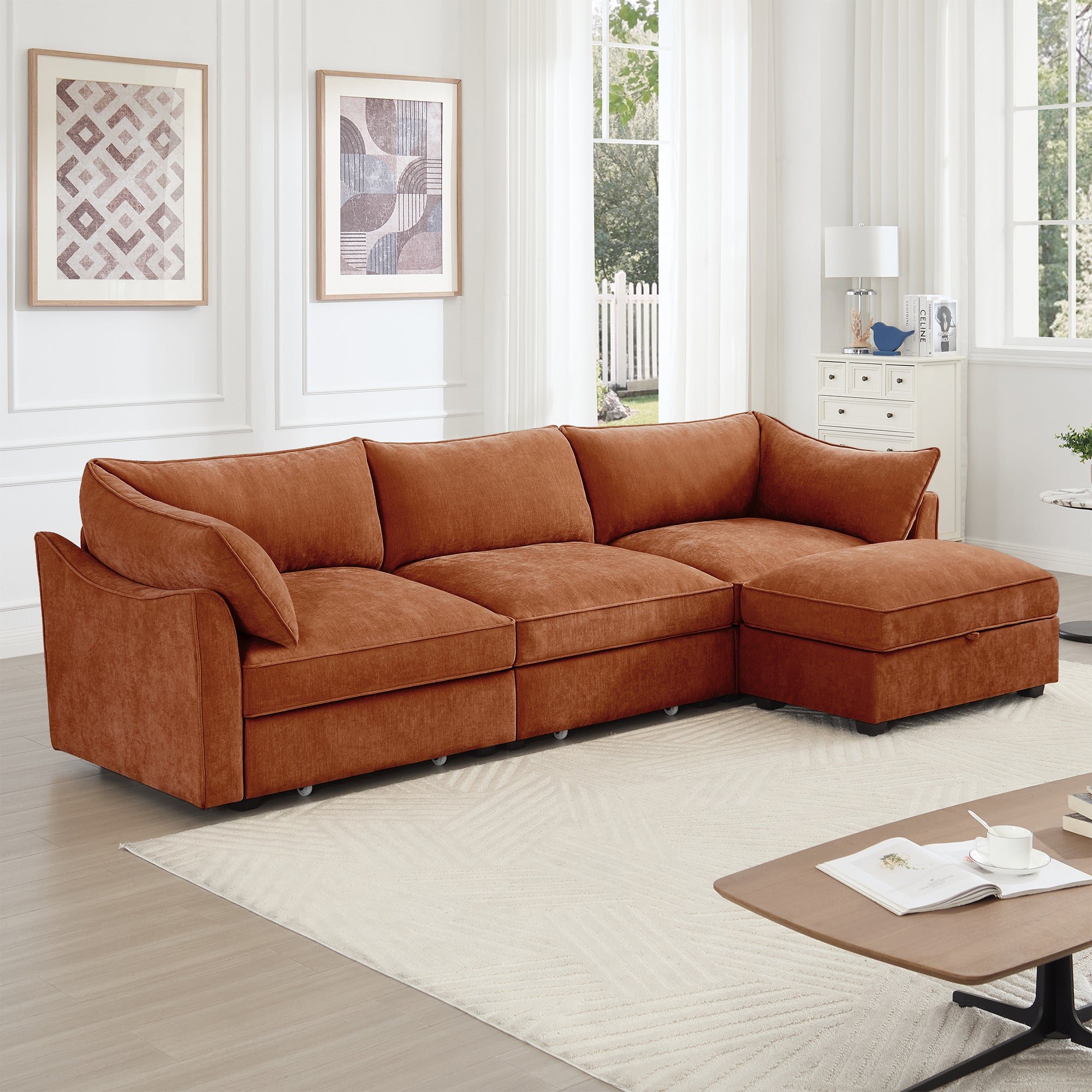 L-Shaped 3 Seater Sectional Sofa Couch,3-seat Sofa with 1 Movable Ottoman, Crescent-shaped Armrests And Wraparound Back & Armrest Cushions,Soft, Comfortable, Wide and Deep Seat, Chenille Orange