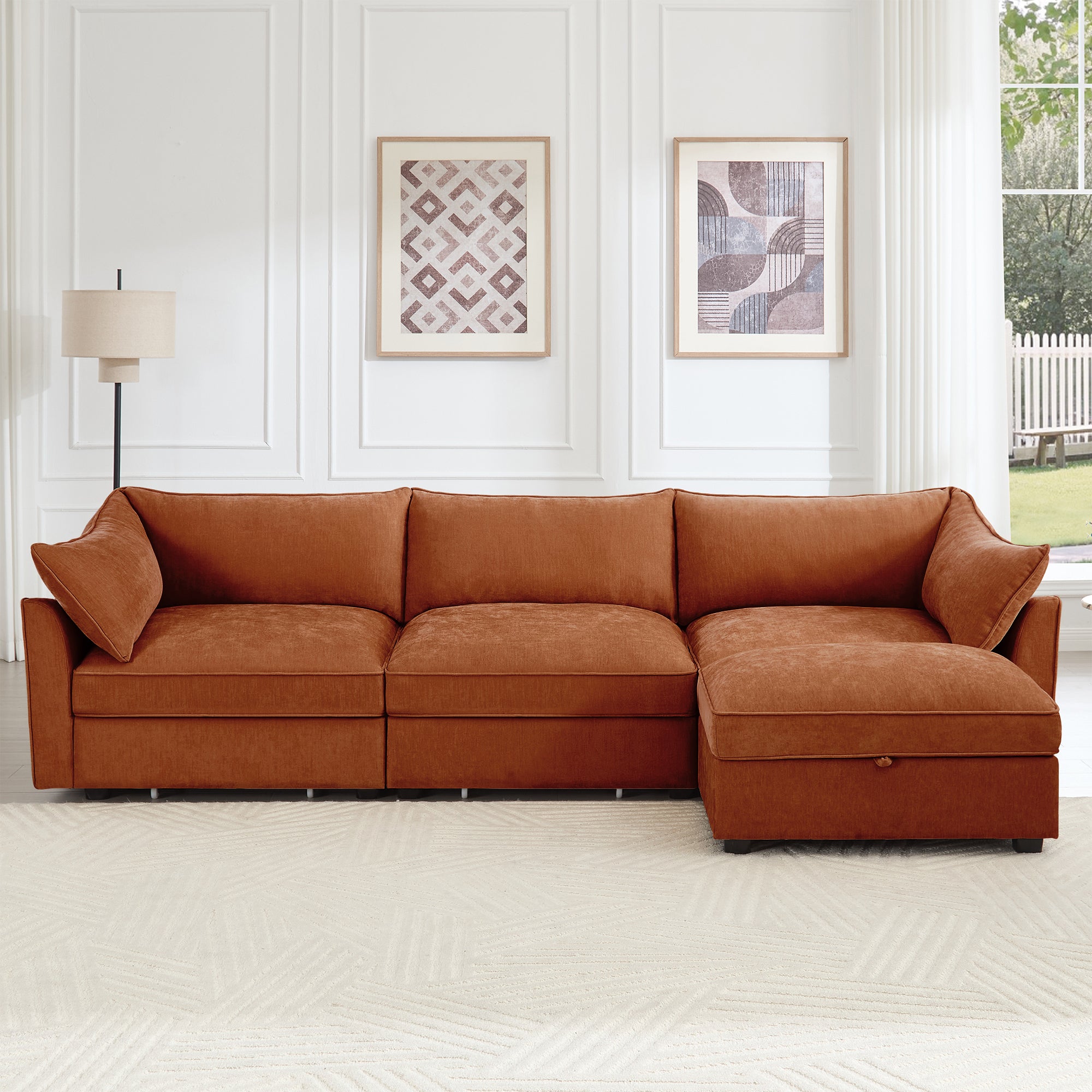 L-Shaped 3 Seater Sectional Sofa Couch,3-seat Sofa with 1 Movable Ottoman, Crescent-shaped Armrests And Wraparound Back & Armrest Cushions,Soft, Comfortable, Wide and Deep Seat, Chenille Orange