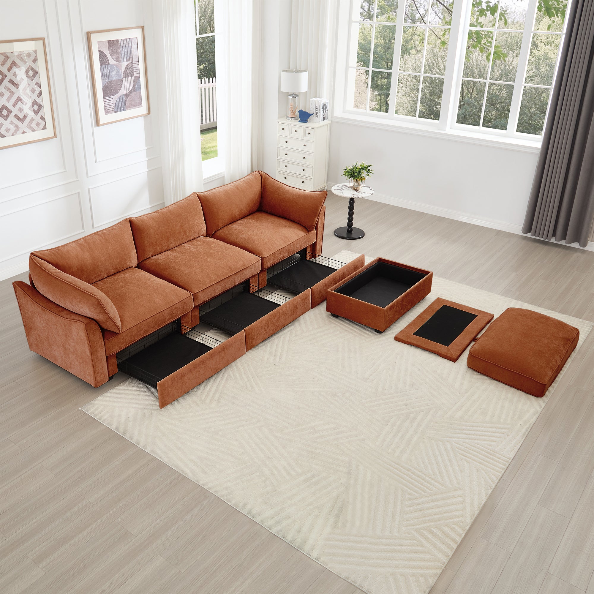 L-Shaped 3 Seater Sectional Sofa Couch,3-seat Sofa with 1 Movable Ottoman, Crescent-shaped Armrests And Wraparound Back & Armrest Cushions,Soft, Comfortable, Wide and Deep Seat, Chenille Orange