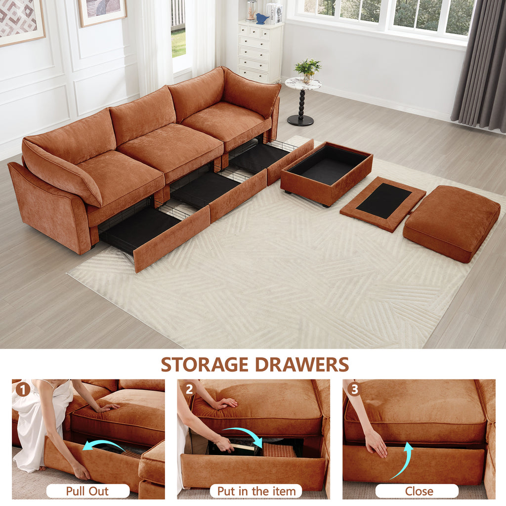 L-Shaped 3 Seater Sectional Sofa Couch,3-seat Sofa with 1 Movable Ottoman, Crescent-shaped Armrests And Wraparound Back & Armrest Cushions,Soft, Comfortable, Wide and Deep Seat, Chenille Orange