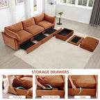 L-Shaped 3 Seater Sectional Sofa Couch,3-seat Sofa with 1 Movable Ottoman, Crescent-shaped Armrests And Wraparound Back & Armrest Cushions,Soft, Comfortable, Wide and Deep Seat, Chenille Orange