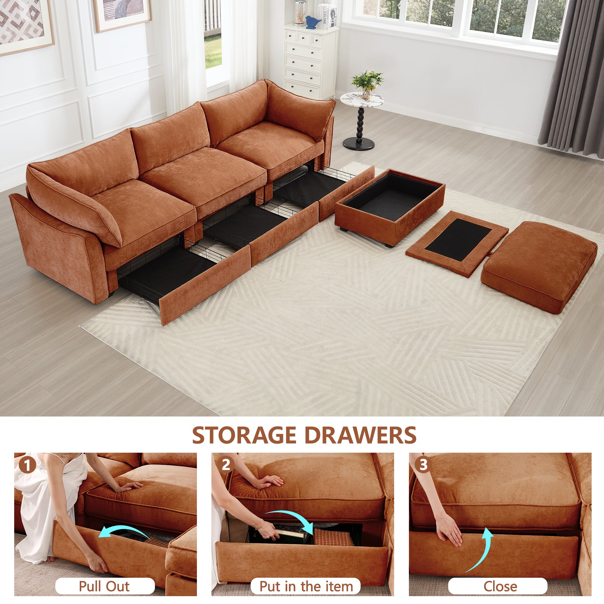 L-Shaped 3 Seater Sectional Sofa Couch,3-seat Sofa with 1 Movable Ottoman, Crescent-shaped Armrests And Wraparound Back & Armrest Cushions,Soft, Comfortable, Wide and Deep Seat, Chenille Orange