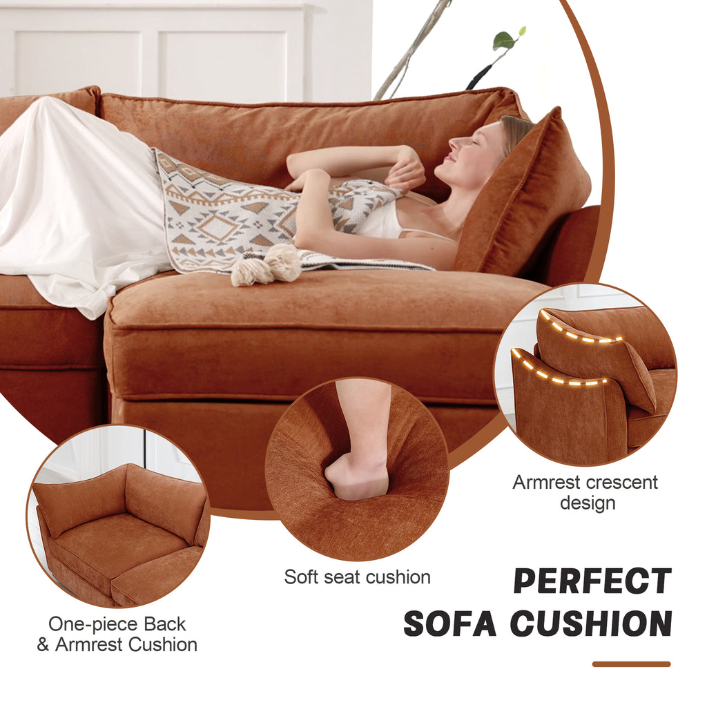 L-Shaped 3 Seater Sectional Sofa Couch,3-seat Sofa with 1 Movable Ottoman, Crescent-shaped Armrests And Wraparound Back & Armrest Cushions,Soft, Comfortable, Wide and Deep Seat, Chenille Orange