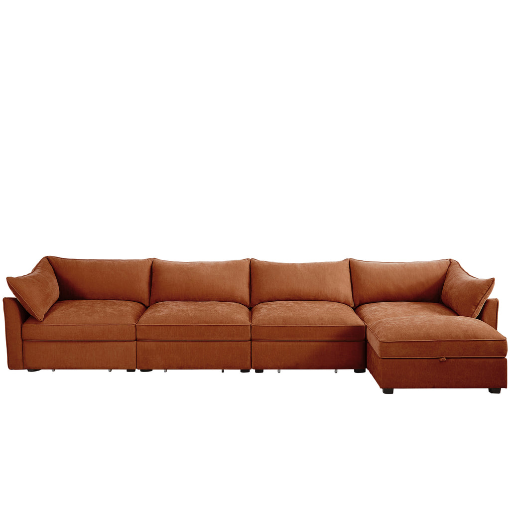 L-Shaped 4 Seater Sectional Sofa Couch,4-seat Sofa with 1 Movable Ottoman, Crescent-shaped Armrests And Wraparound Back & Armrest Cushions,Chenille Orange