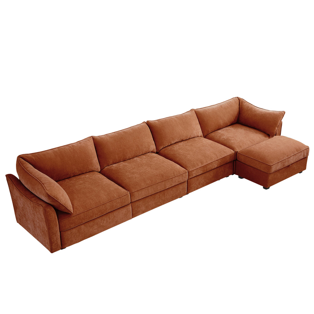 L-Shaped 4 Seater Sectional Sofa Couch,4-seat Sofa with 1 Movable Ottoman, Crescent-shaped Armrests And Wraparound Back & Armrest Cushions,Chenille Orange