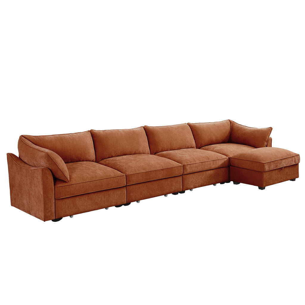 L-Shaped 4 Seater Sectional Sofa Couch,4-seat Sofa with 1 Movable Ottoman, Crescent-shaped Armrests And Wraparound Back & Armrest Cushions,Chenille Orange