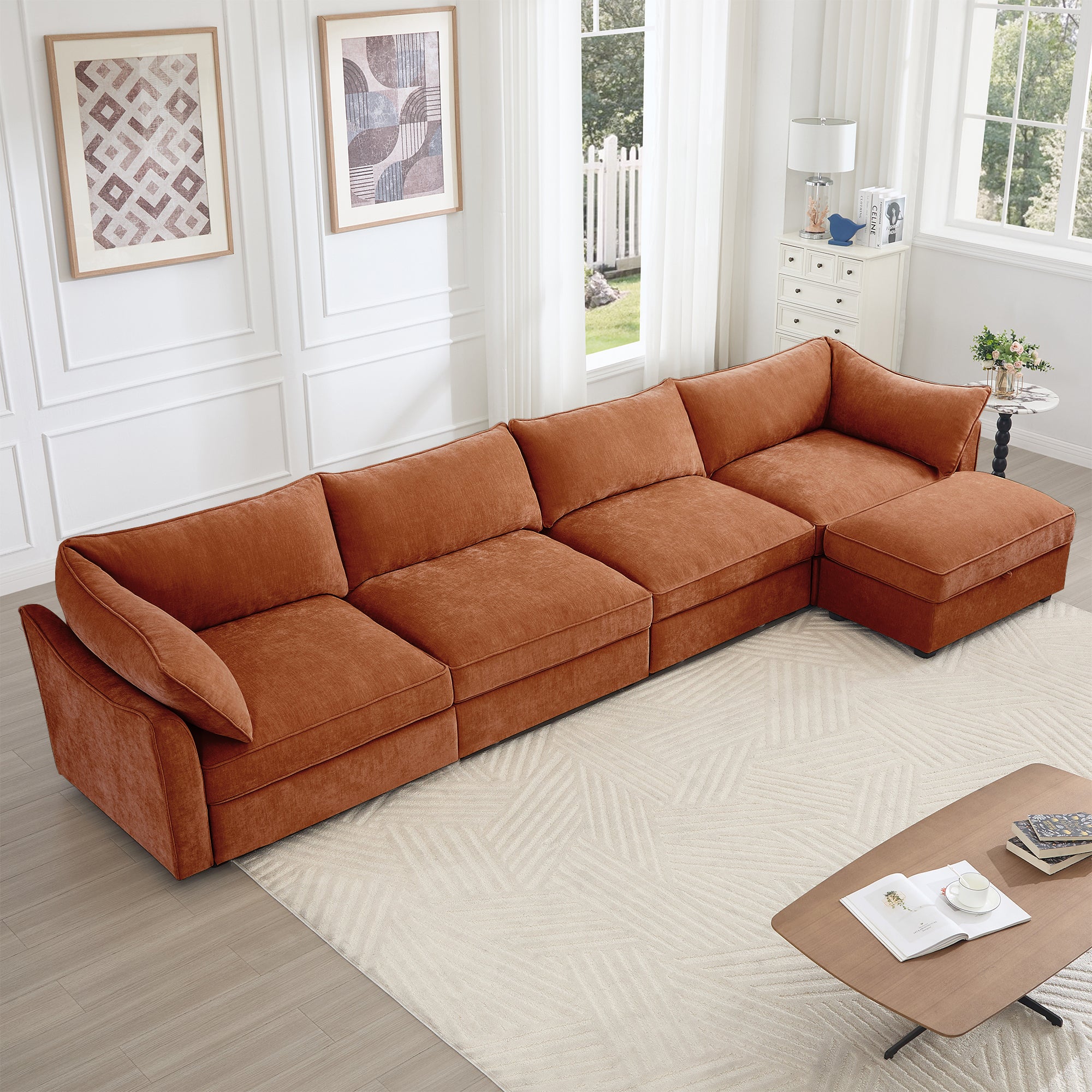 L-Shaped 4 Seater Sectional Sofa Couch,4-seat Sofa with 1 Movable Ottoman, Crescent-shaped Armrests And Wraparound Back & Armrest Cushions,Chenille Orange