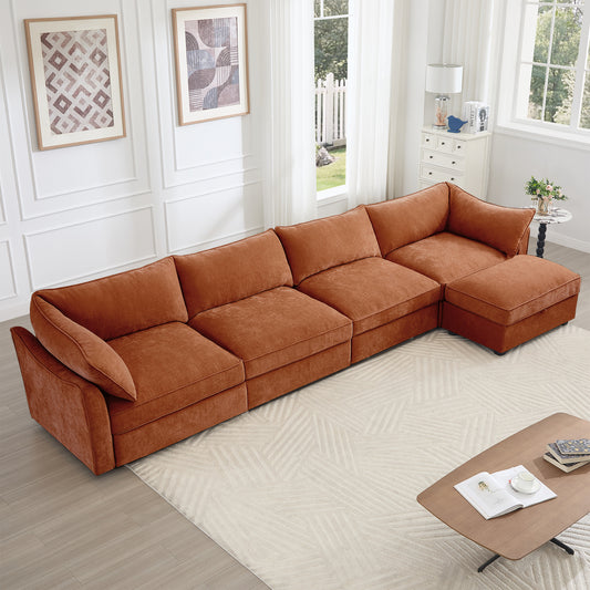 L-Shaped 4 Seater Sectional Sofa Couch,4-seat Sofa with 1 Movable Ottoman, Crescent-shaped Armrests And Wraparound Back & Armrest Cushions,Chenille Orange