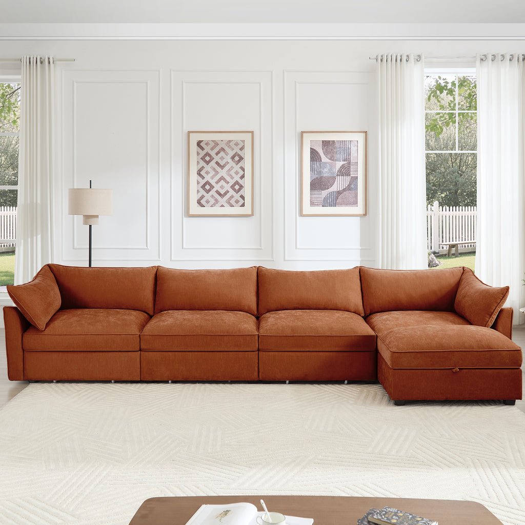 L-Shaped 4 Seater Sectional Sofa Couch,4-seat Sofa with 1 Movable Ottoman, Crescent-shaped Armrests And Wraparound Back & Armrest Cushions,Chenille Orange