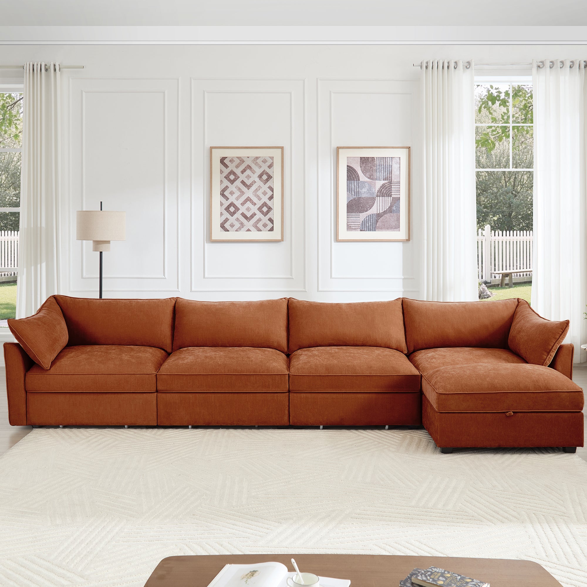 L-Shaped 4 Seater Sectional Sofa Couch,4-seat Sofa with 1 Movable Ottoman, Crescent-shaped Armrests And Wraparound Back & Armrest Cushions,Chenille Orange