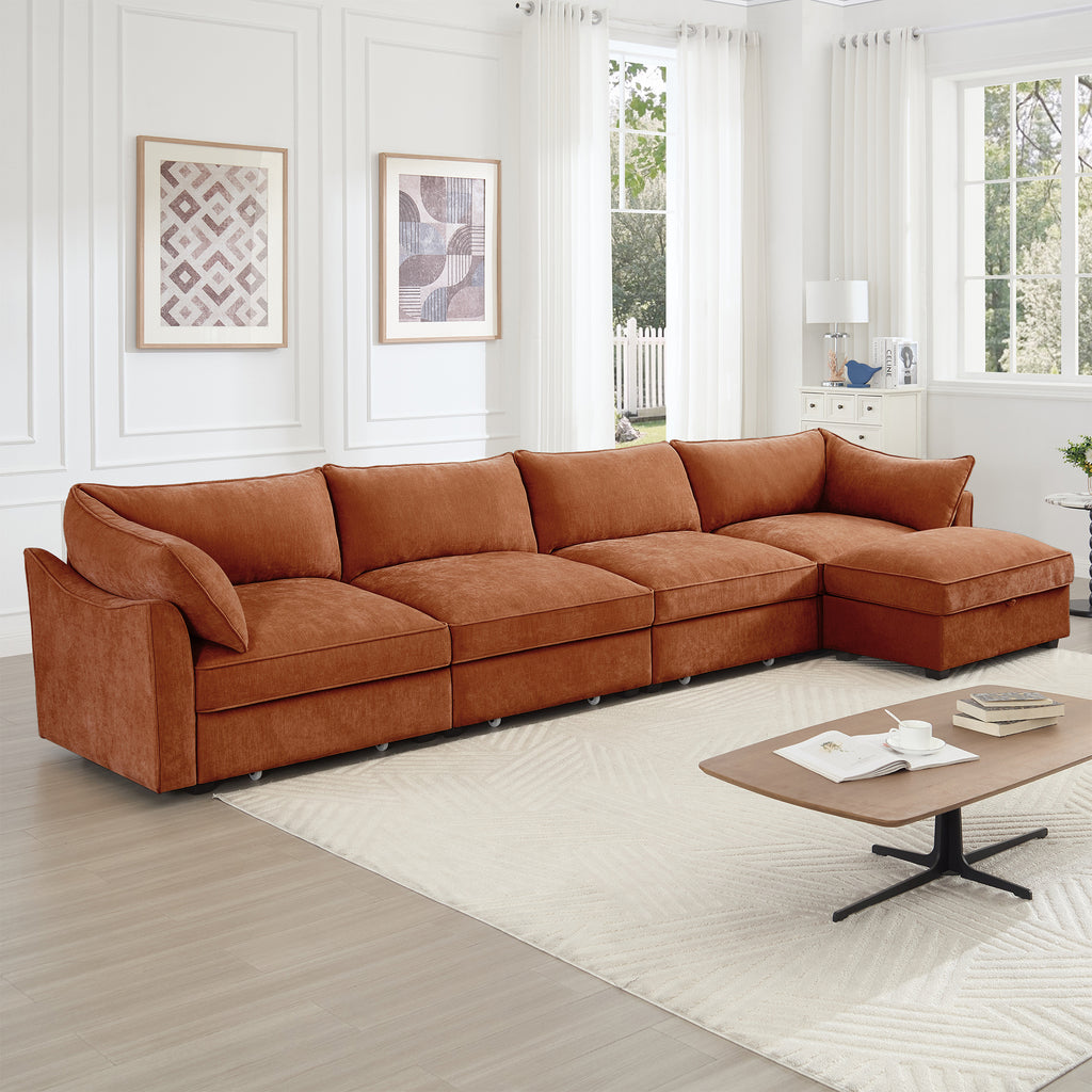 L-Shaped 4 Seater Sectional Sofa Couch,4-seat Sofa with 1 Movable Ottoman, Crescent-shaped Armrests And Wraparound Back & Armrest Cushions,Chenille Orange