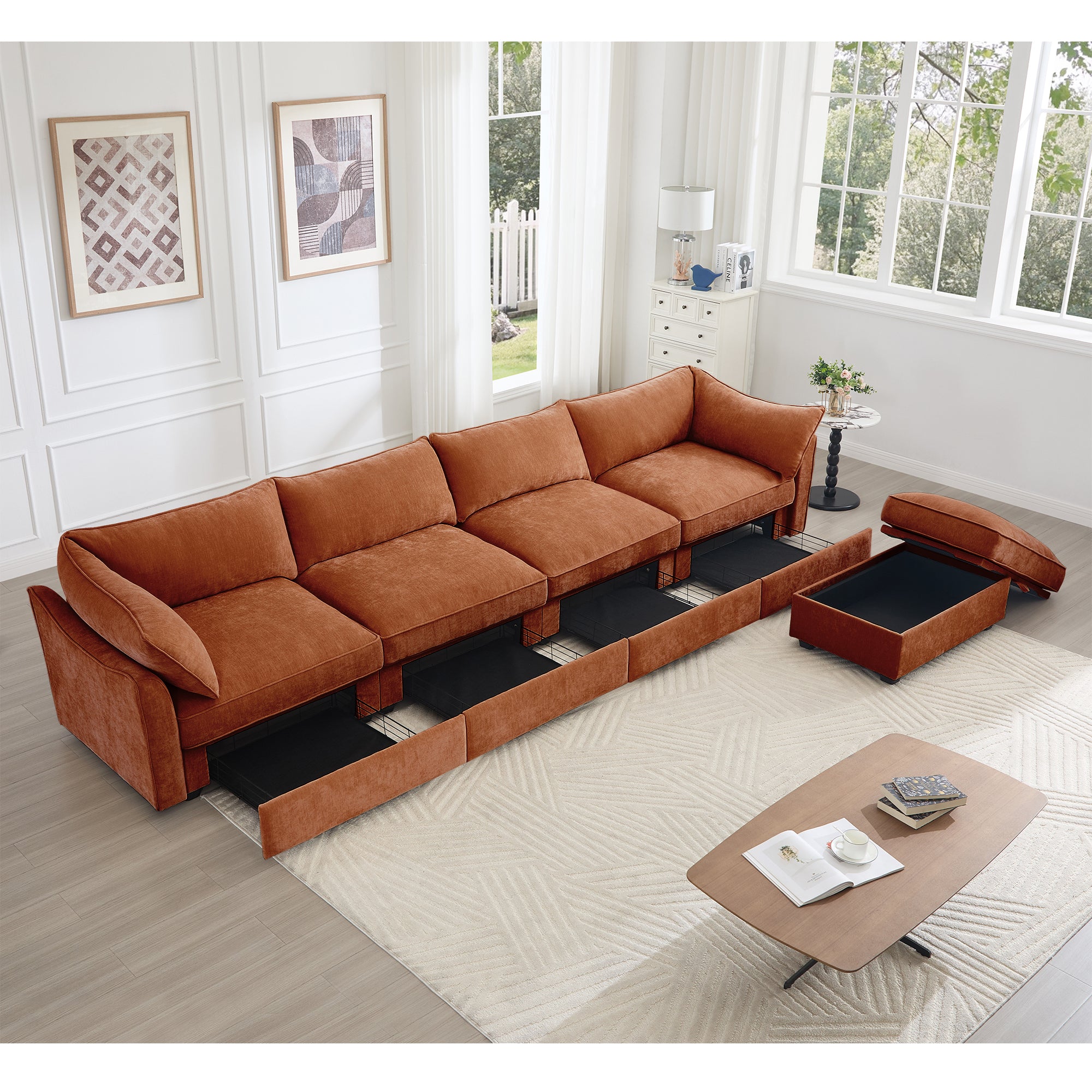L-Shaped 4 Seater Sectional Sofa Couch,4-seat Sofa with 1 Movable Ottoman, Crescent-shaped Armrests And Wraparound Back & Armrest Cushions,Chenille Orange