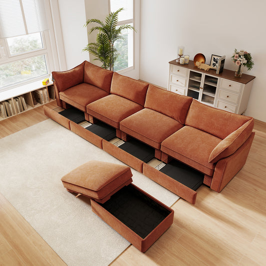 L-Shaped 4 Seater Sectional Sofa Couch,4-seat Sofa with 1 Movable Ottoman, Crescent-shaped Armrests And Wraparound Back & Armrest Cushions,Chenille Orange