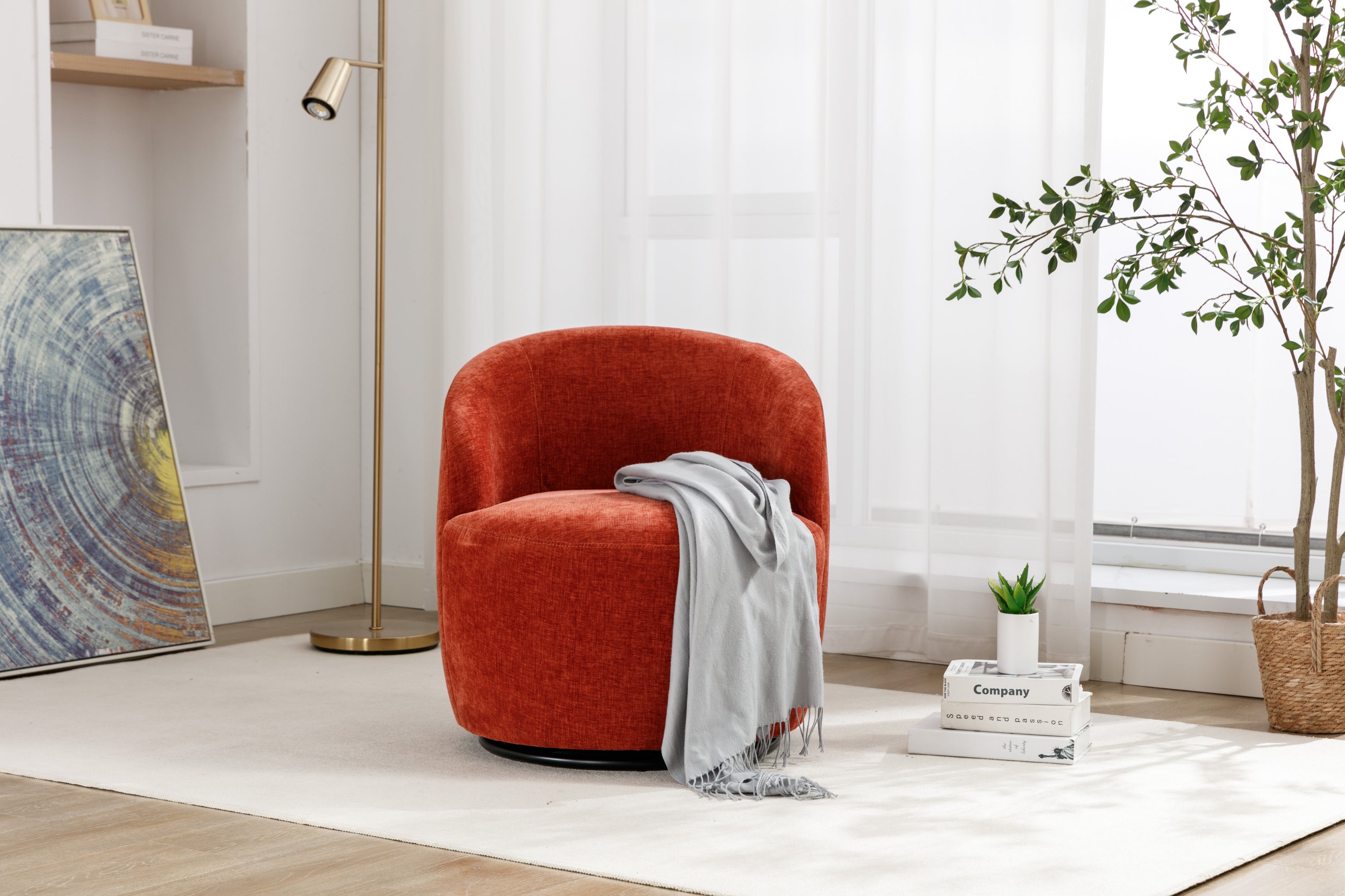 Chenille Fabric Swivel Accent Armchair Barrel Chair With Black Powder Coating Metal Ring,Orange