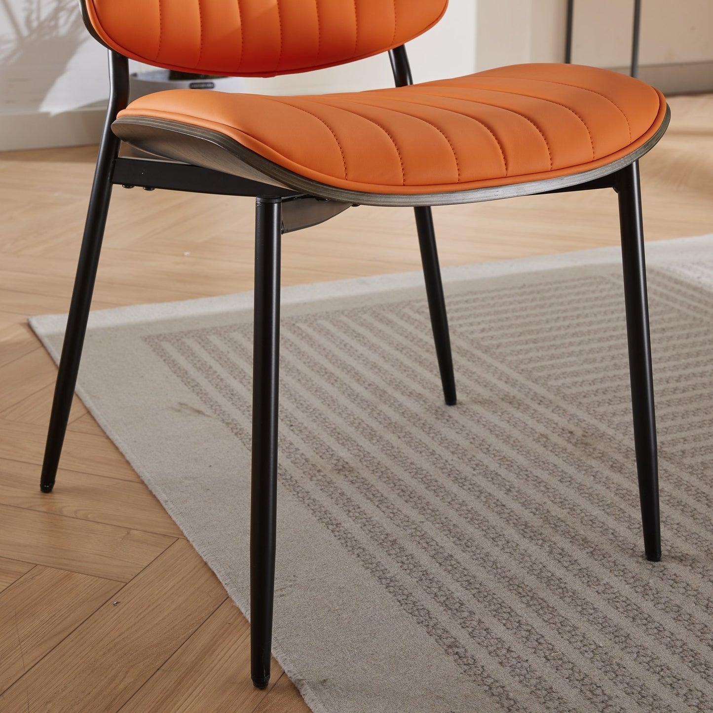 A&A Furniture, Dining Chairs Set of 2 Mid Century Modern Retro Faux Leather Chair with Walnut Bentwood Back Upholstered Seat Metal Legs Adjustable Foot for Kitchen Dining Room Chairs(Orange  PU)