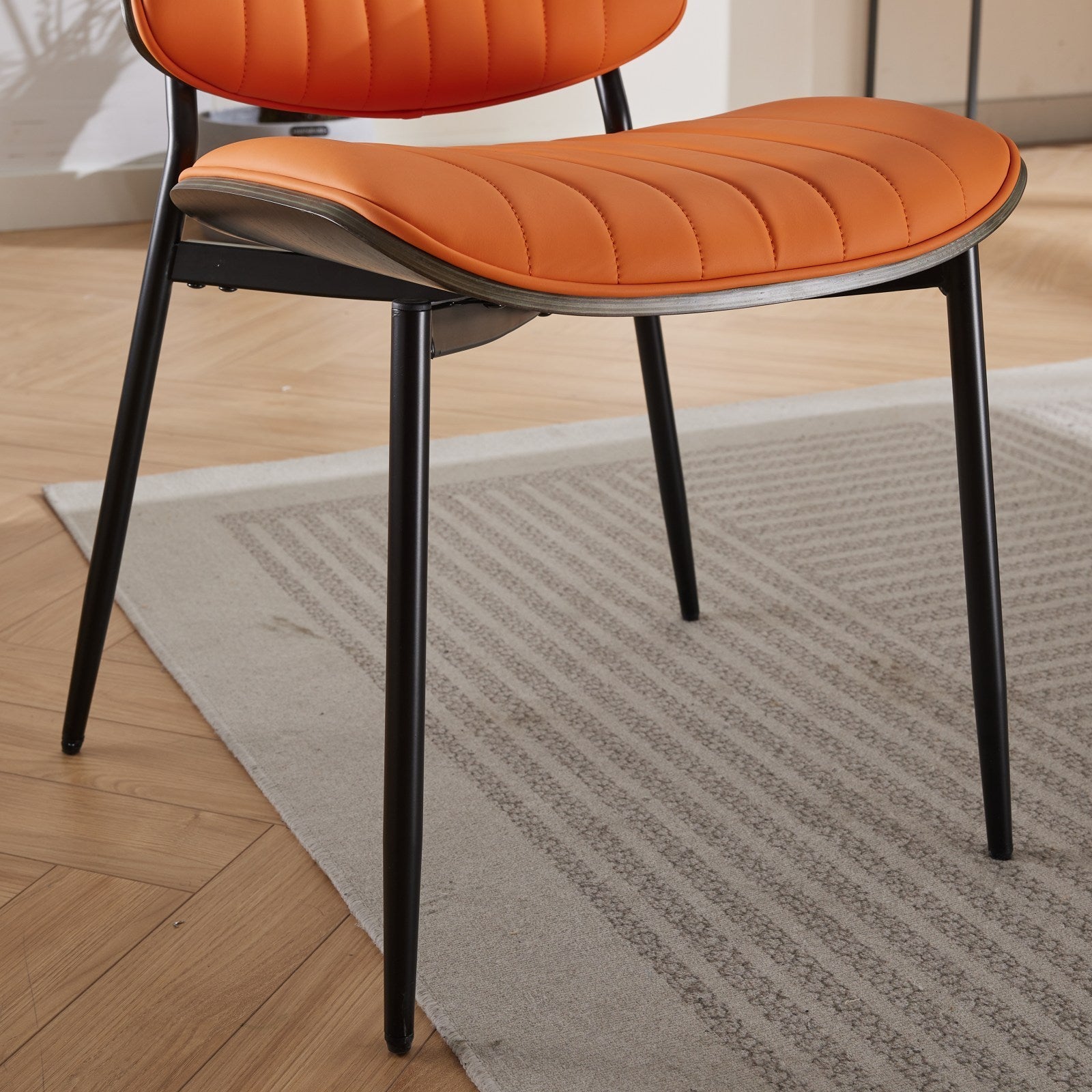 A&A Furniture, Dining Chairs Set of 2 Mid Century Modern Retro Faux Leather Chair with Walnut Bentwood Back Upholstered Seat Metal Legs Adjustable Foot for Kitchen Dining Room Chairs(Orange  PU)