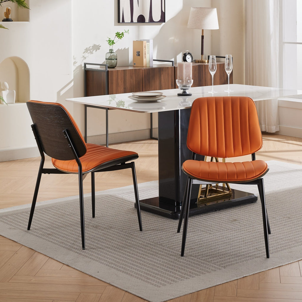 A&A Furniture, Dining Chairs Set of 2 Mid Century Modern Retro Faux Leather Chair with Walnut Bentwood Back Upholstered Seat Metal Legs Adjustable Foot for Kitchen Dining Room Chairs(Orange  PU)
