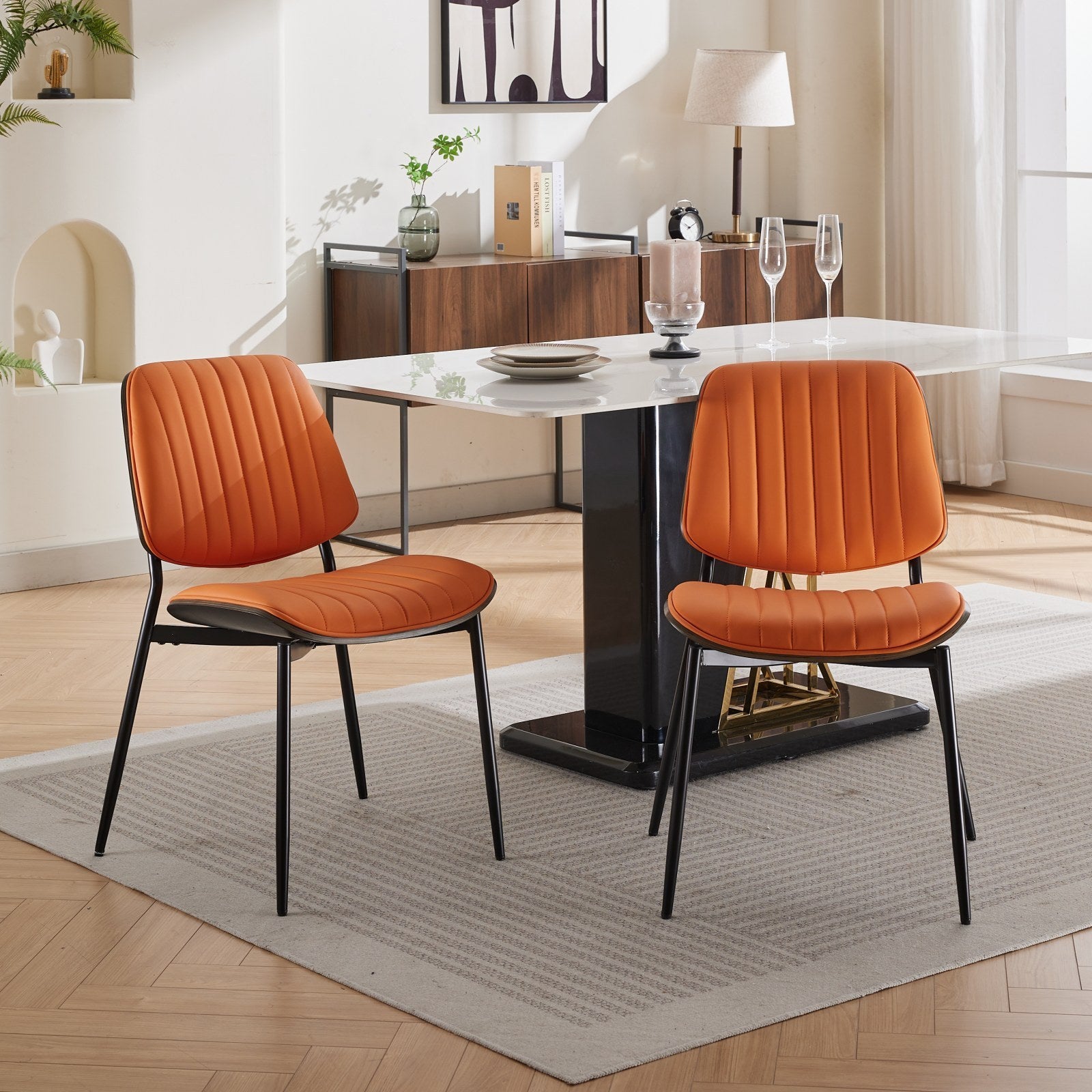 A&A Furniture, Dining Chairs Set of 2 Mid Century Modern Retro Faux Leather Chair with Walnut Bentwood Back Upholstered Seat Metal Legs Adjustable Foot for Kitchen Dining Room Chairs(Orange  PU)
