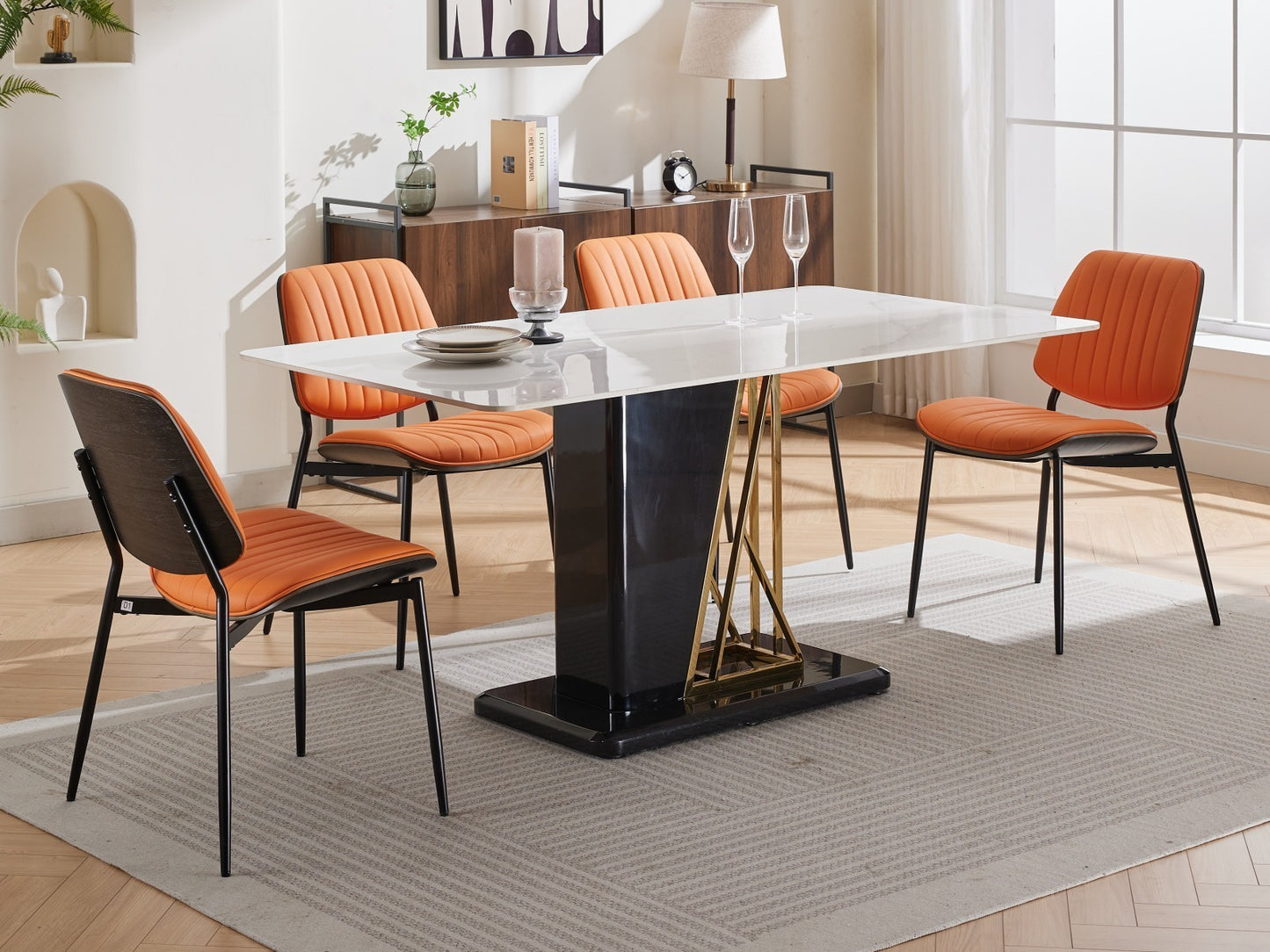 A&A Furniture, Dining Chairs Set of 2 Mid Century Modern Retro Faux Leather Chair with Walnut Bentwood Back Upholstered Seat Metal Legs Adjustable Foot for Kitchen Dining Room Chairs(Orange  PU)