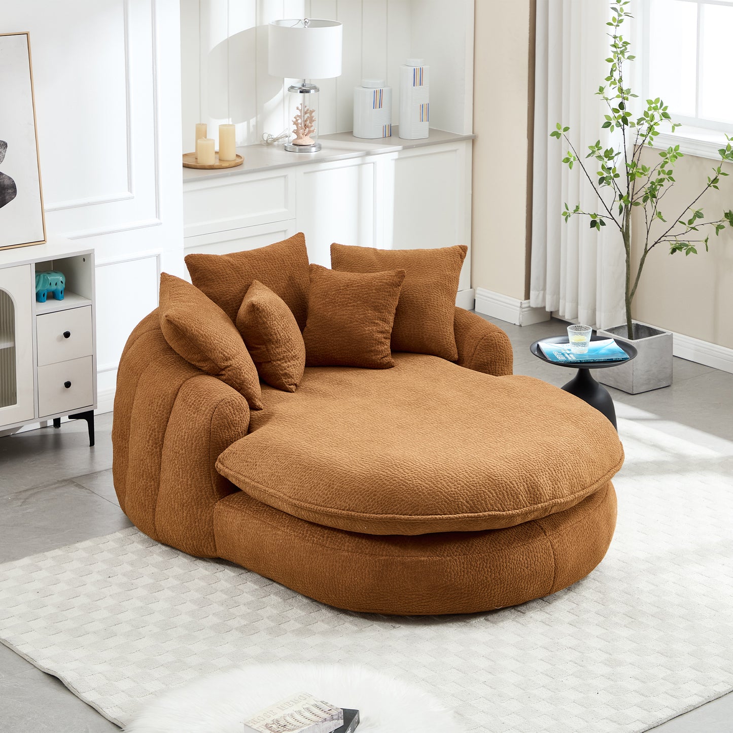 Oversized Oval Upholstered Bean Bag Sofa, Lazy Sofa with 3 Large Pillows and 2 Small Pillows, Wrap Around Backrest for Adults, Chenille Fabric Lazy Floor Bean Bag Sofa Bean Bag Chairs