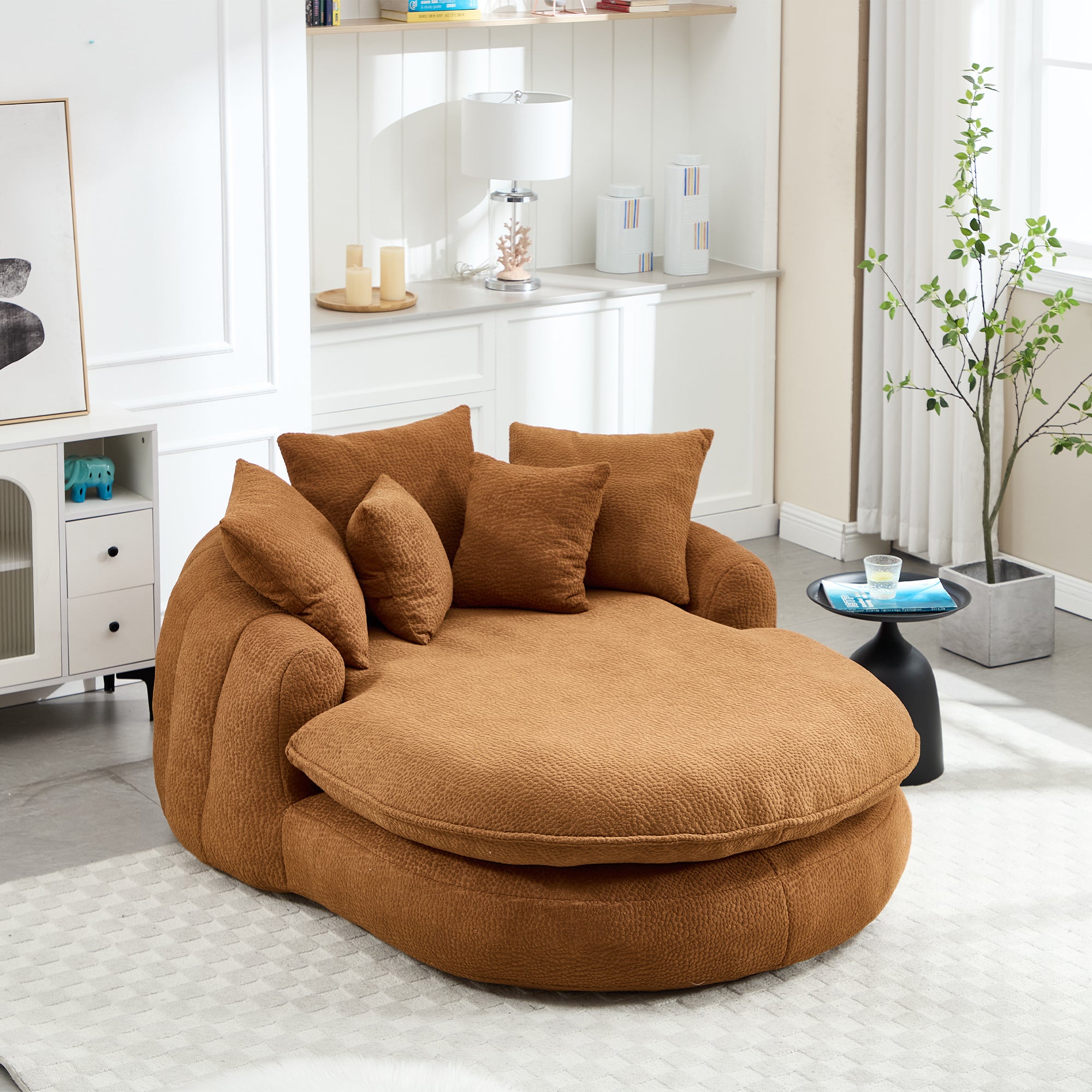 Oversized Oval Upholstered Bean Bag Sofa, Lazy Sofa with 3 Large Pillows and 2 Small Pillows, Wrap Around Backrest for Adults, Chenille Fabric Lazy Floor Bean Bag Sofa Bean Bag Chairs