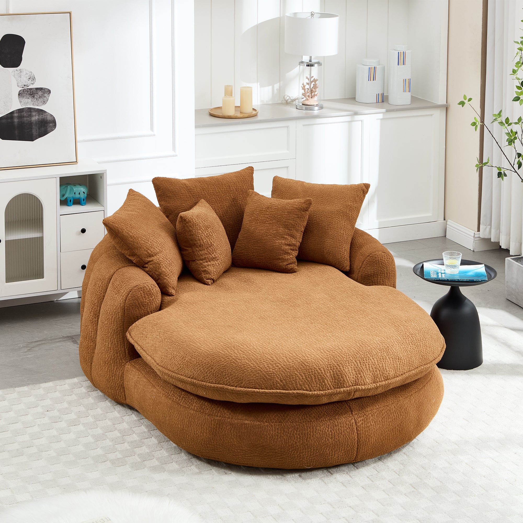 Oversized Oval Upholstered Bean Bag Sofa, Lazy Sofa with 3 Large Pillows and 2 Small Pillows, Wrap Around Backrest for Adults, Chenille Fabric Lazy Floor Bean Bag Sofa Bean Bag Chairs