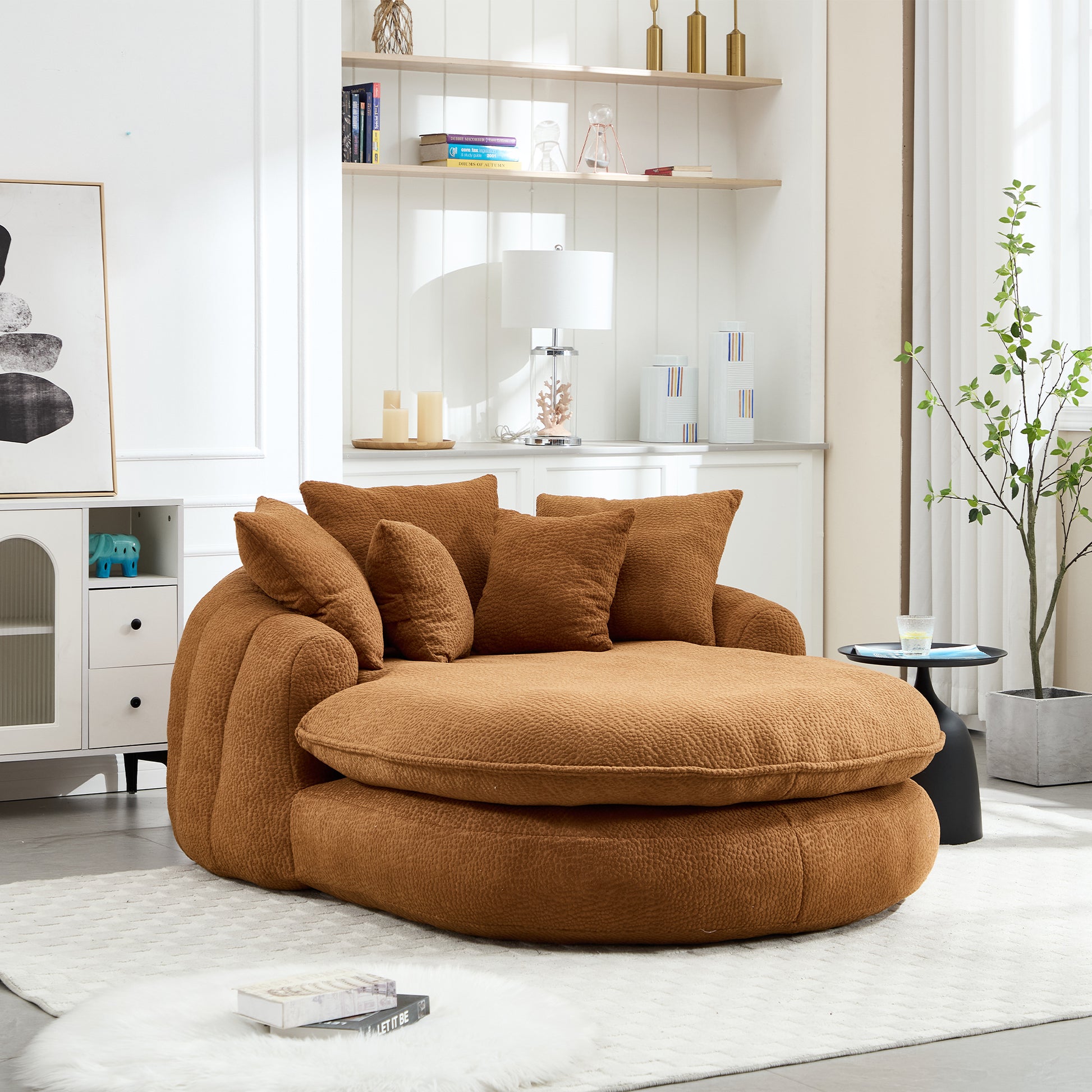 Oversized Oval Upholstered Bean Bag Sofa, Lazy Sofa with 3 Large Pillows and 2 Small Pillows, Wrap Around Backrest for Adults, Chenille Fabric Lazy Floor Bean Bag Sofa Bean Bag Chairs
