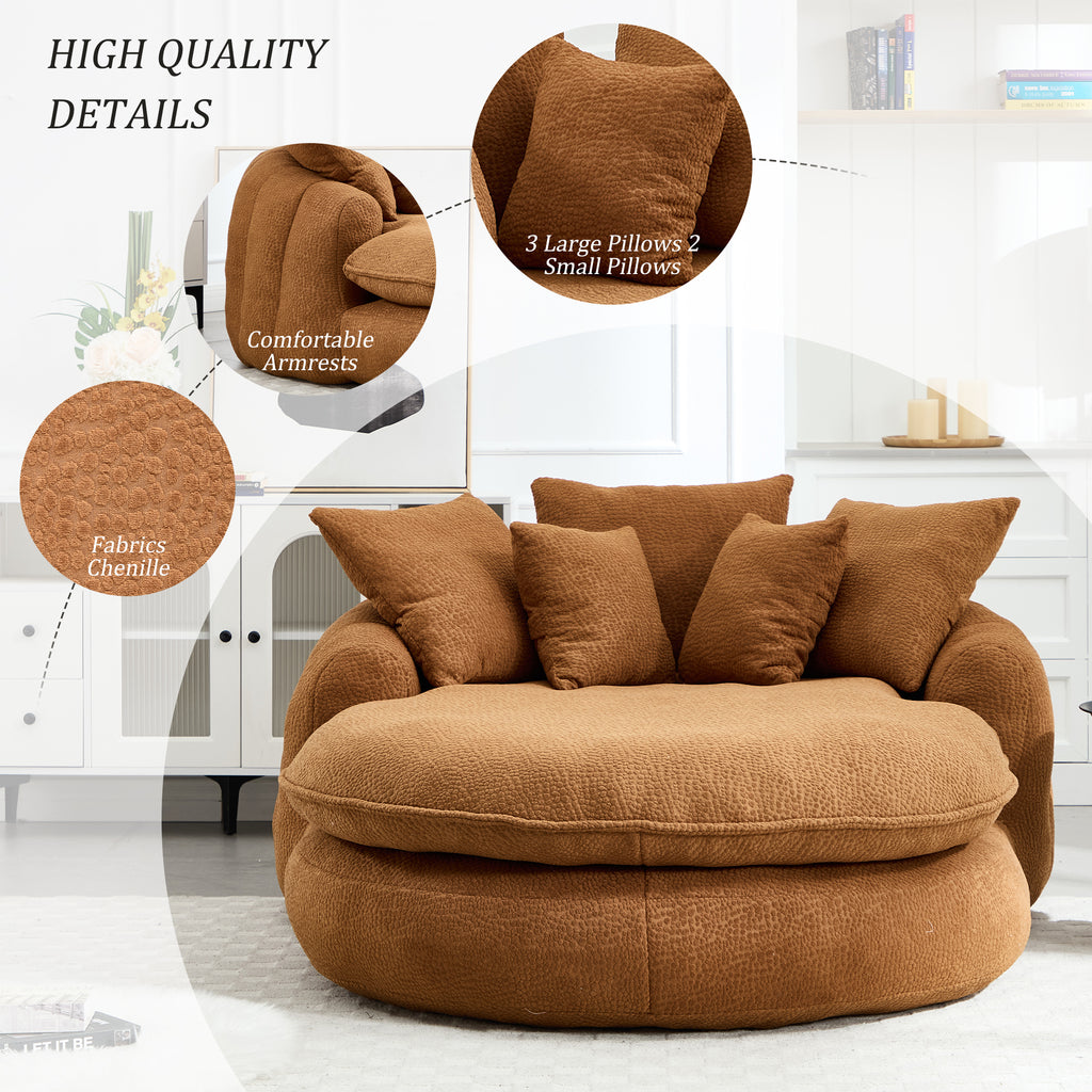 Oversized Oval Upholstered Bean Bag Sofa, Lazy Sofa with 3 Large Pillows and 2 Small Pillows, Wrap Around Backrest for Adults, Chenille Fabric Lazy Floor Bean Bag Sofa Bean Bag Chairs