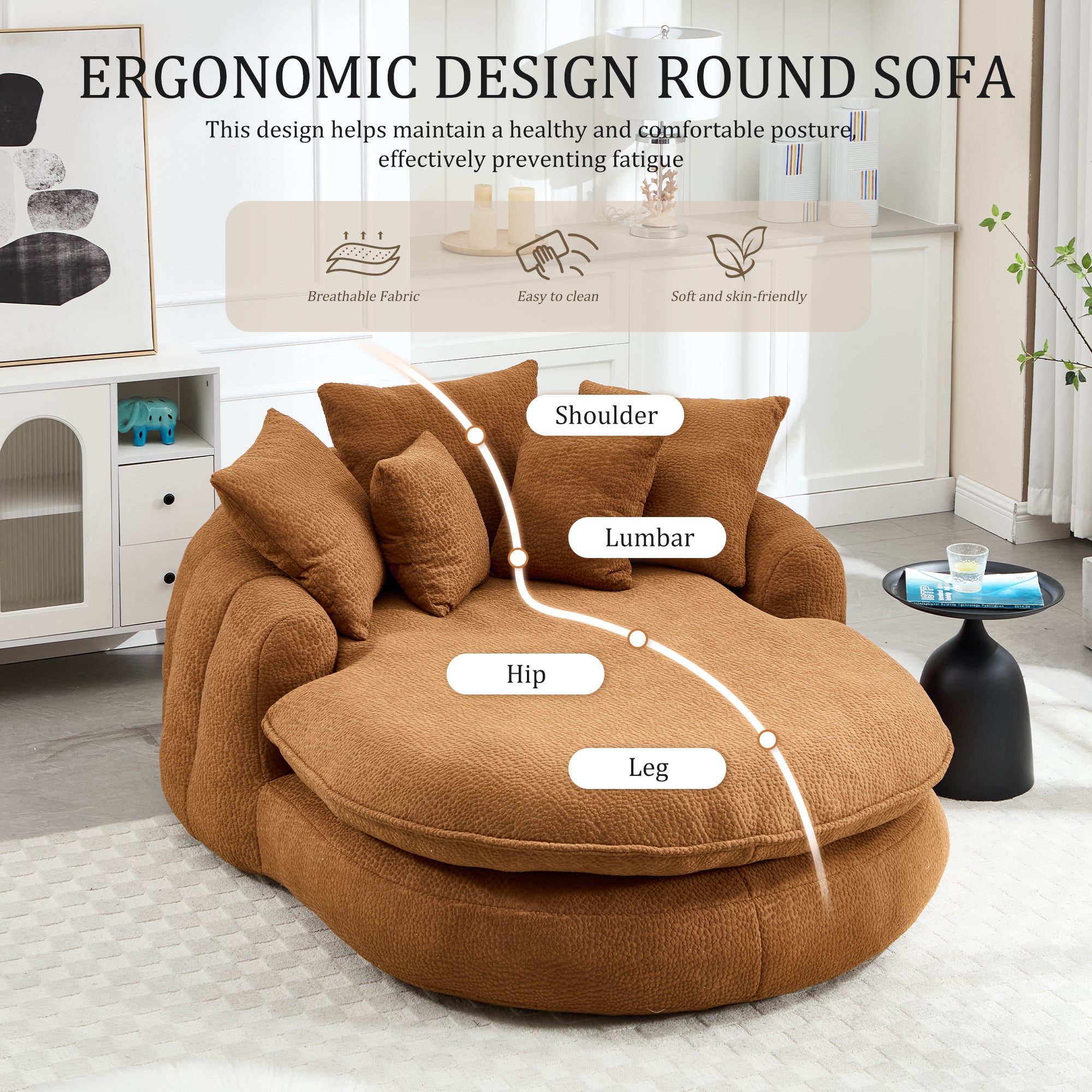Oversized Oval Upholstered Bean Bag Sofa, Lazy Sofa with 3 Large Pillows and 2 Small Pillows, Wrap Around Backrest for Adults, Chenille Fabric Lazy Floor Bean Bag Sofa Bean Bag Chairs