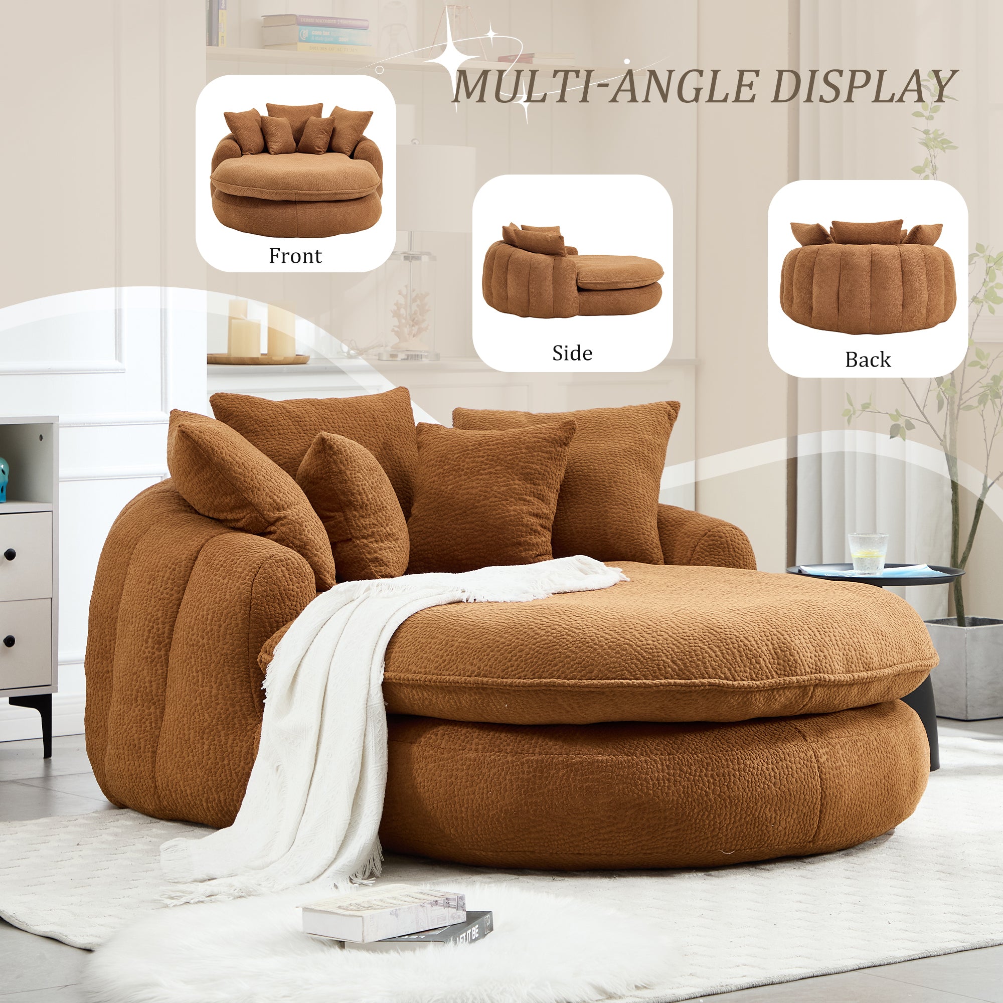 Oversized Oval Upholstered Bean Bag Sofa, Lazy Sofa with 3 Large Pillows and 2 Small Pillows, Wrap Around Backrest for Adults, Chenille Fabric Lazy Floor Bean Bag Sofa Bean Bag Chairs