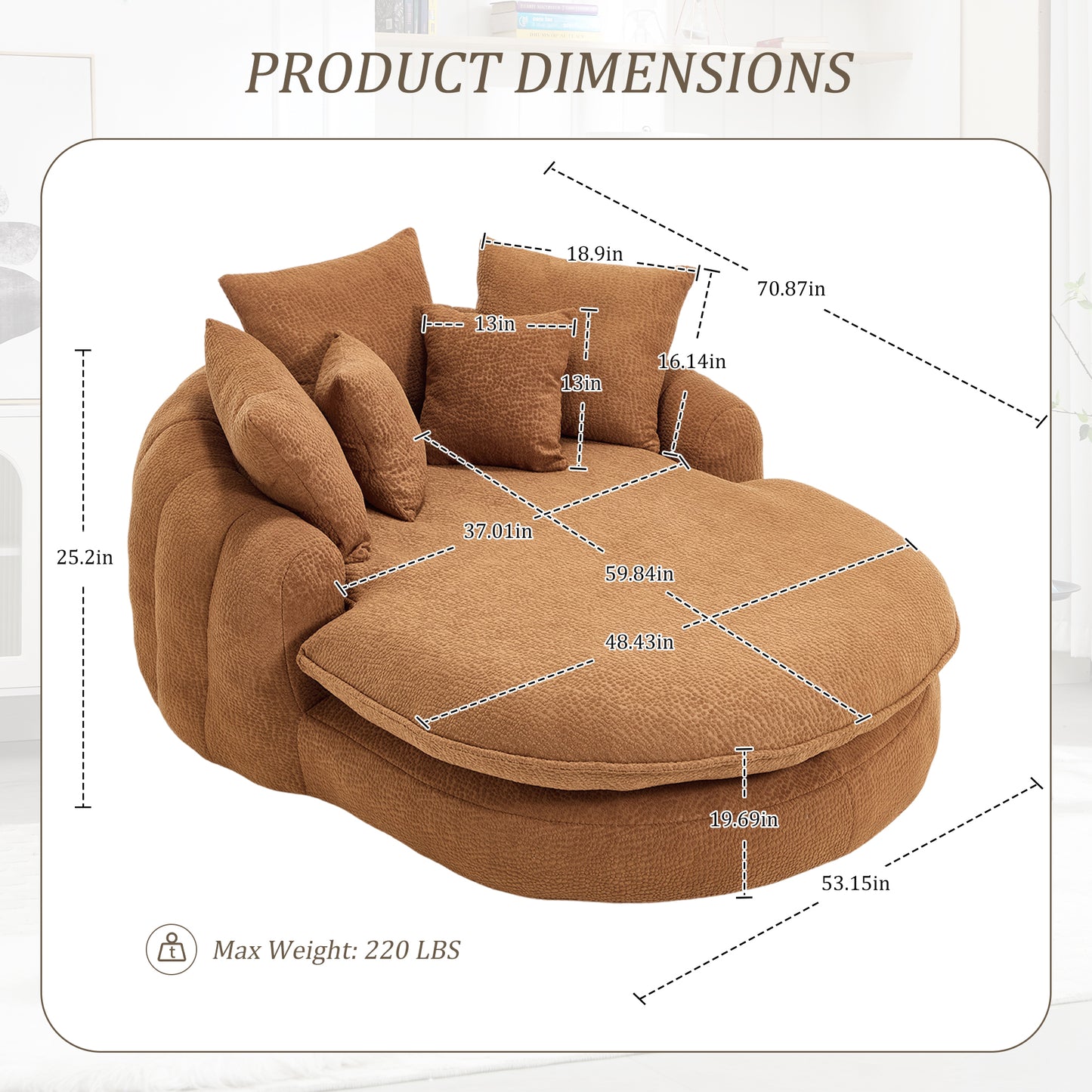 Oversized Oval Upholstered Bean Bag Sofa, Lazy Sofa with 3 Large Pillows and 2 Small Pillows, Wrap Around Backrest for Adults, Chenille Fabric Lazy Floor Bean Bag Sofa Bean Bag Chairs