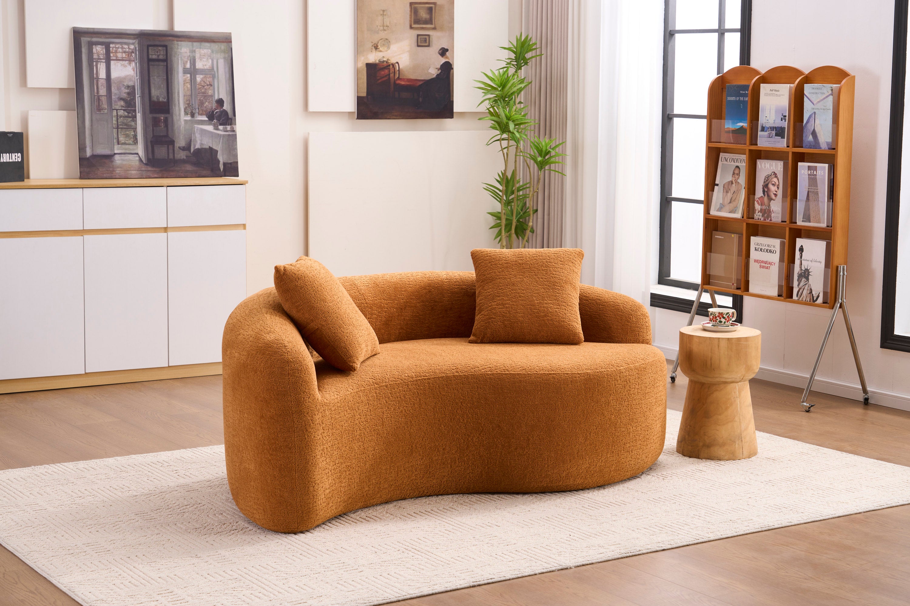 LY-042 S-Curved Chenille Sectional Sofa: Dual-Depth (21.3' & 26.8'), Orange, No Assembly, Compact for Small Spaces, 400 lbs, 66.9' L