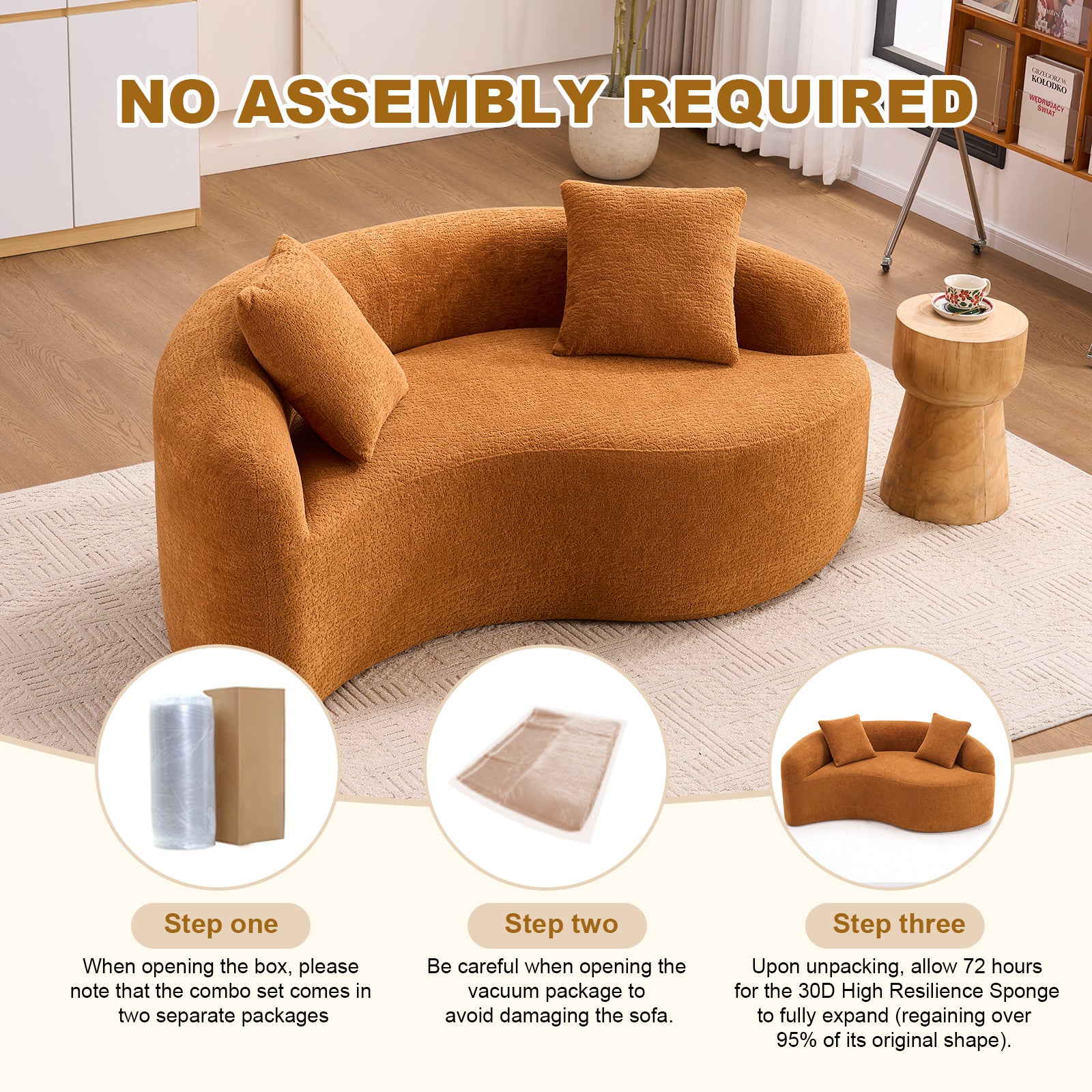 LY-042 S-Curved Chenille Sectional Sofa: Dual-Depth (21.3' & 26.8'), Orange, No Assembly, Compact for Small Spaces, 400 lbs, 66.9' L