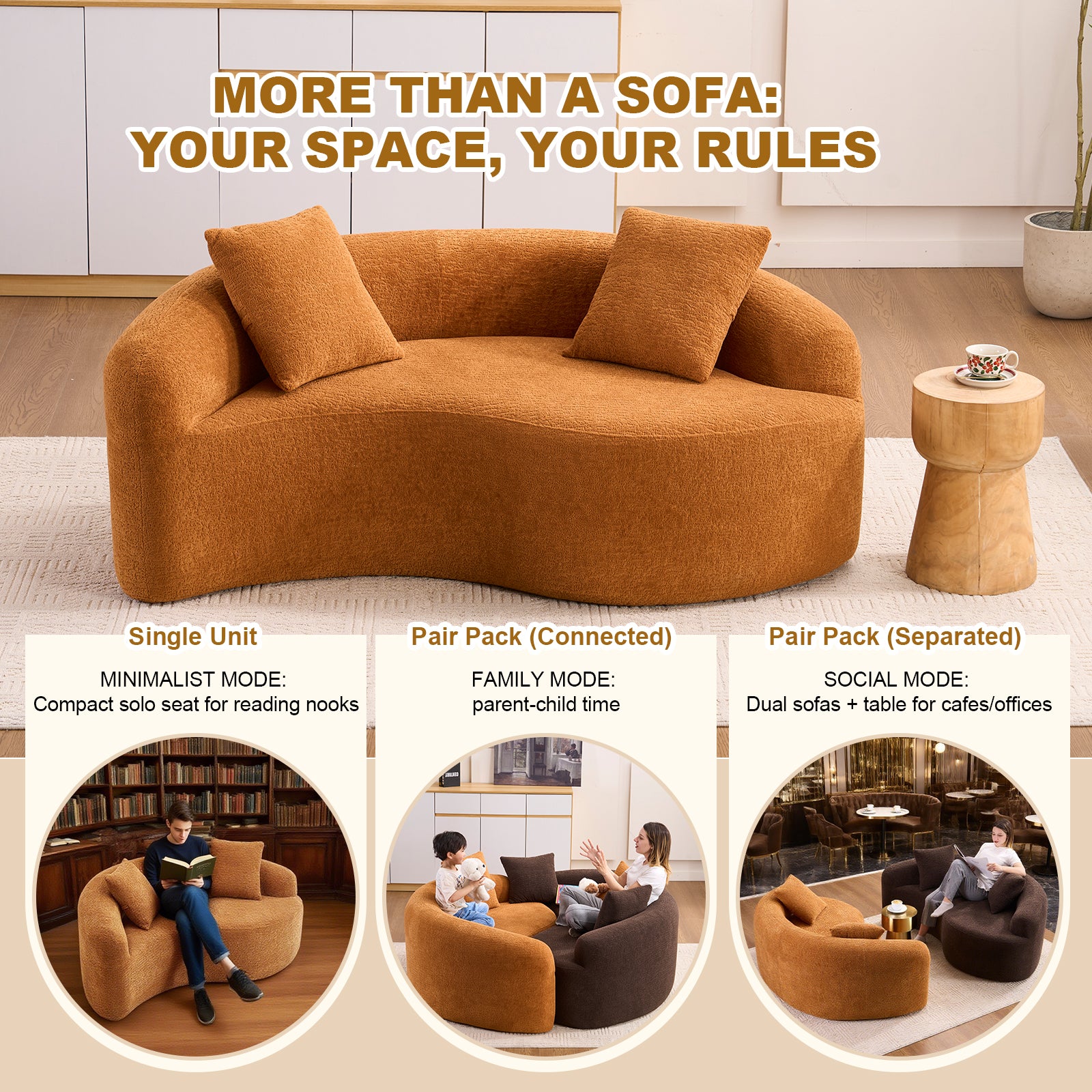 LY-042 S-Curved Chenille Sectional Sofa: Dual-Depth (21.3' & 26.8'), Orange, No Assembly, Compact for Small Spaces, 400 lbs, 66.9' L