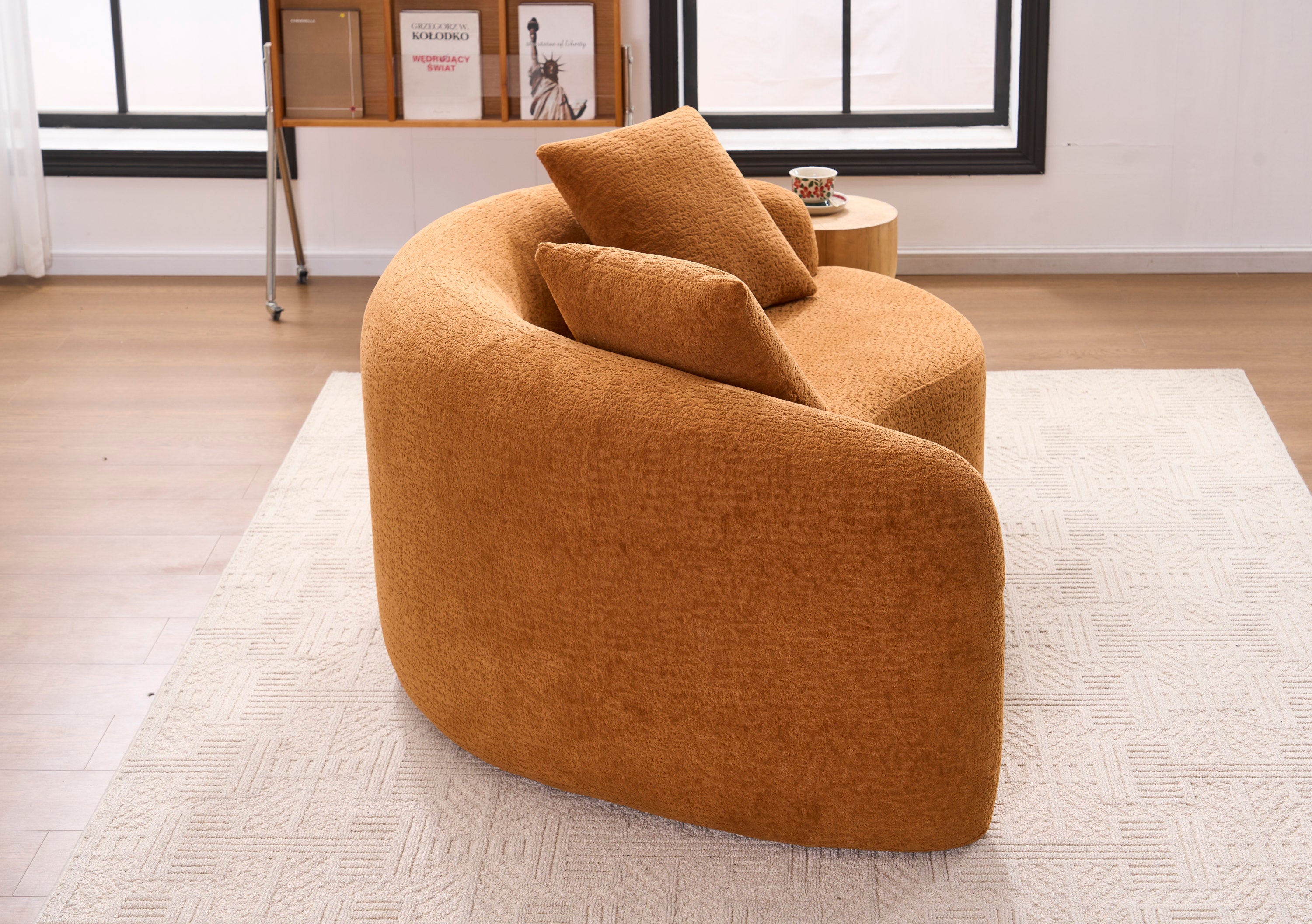 LY-042 S-Curved Chenille Sectional Sofa: Dual-Depth (21.3' & 26.8'), Orange, No Assembly, Compact for Small Spaces, 400 lbs, 66.9' L