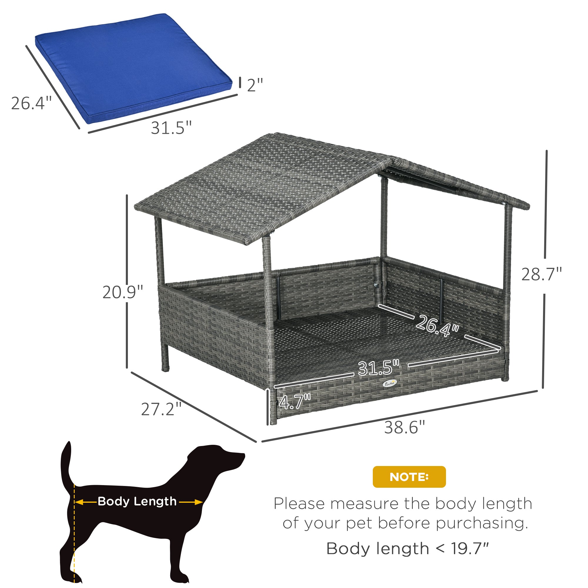PawHut Wicker Dog House Outdoor with Canopy, Rattan Dog Bed with Water-resistant Cushion, for Small and Medium Dogs, Dark Blue
