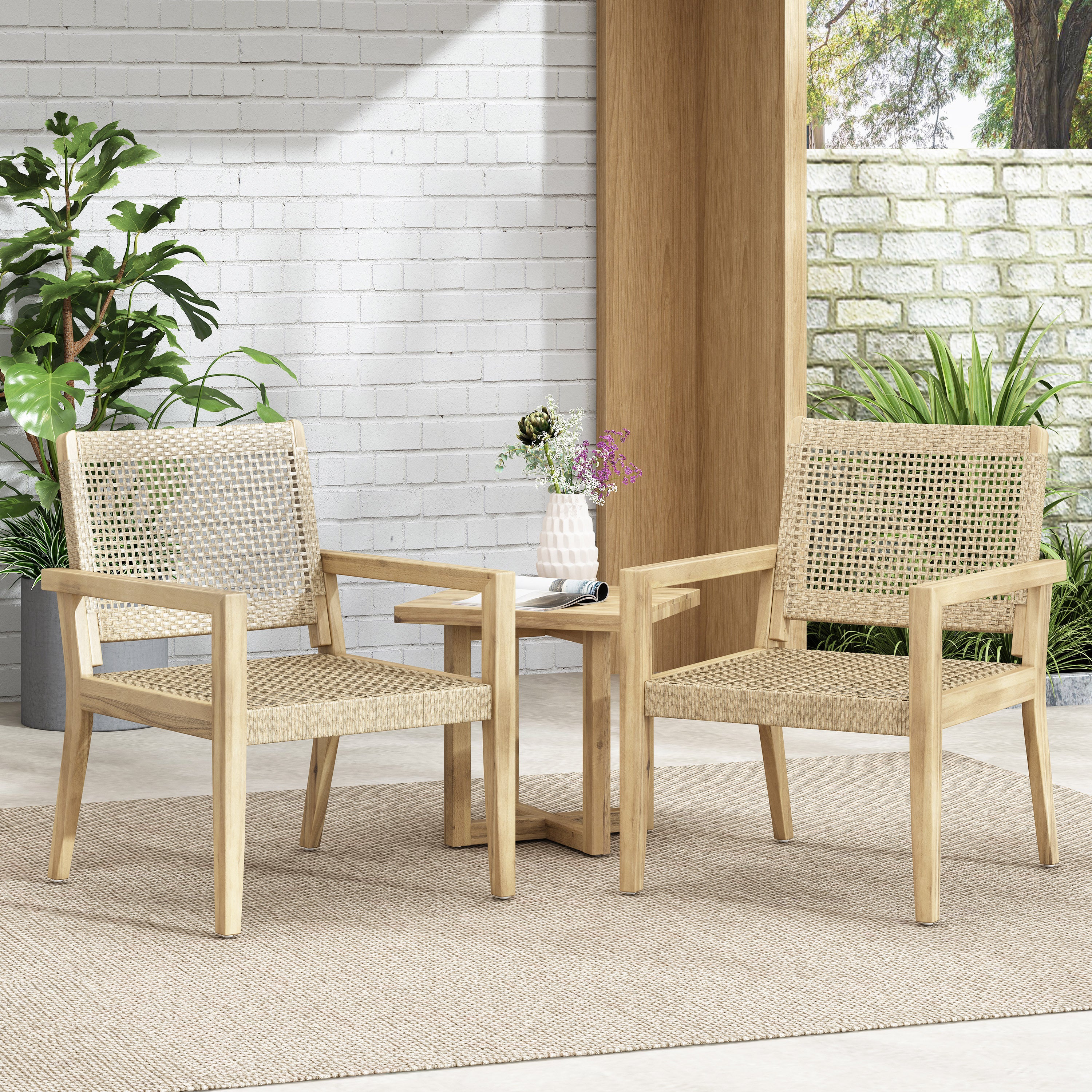 Outdoor Wicker and Acacia Wood Club Chairs, Set of 2, Light Multibrown and Light Brown, 34'' H X 25'' W X 27.25'' D