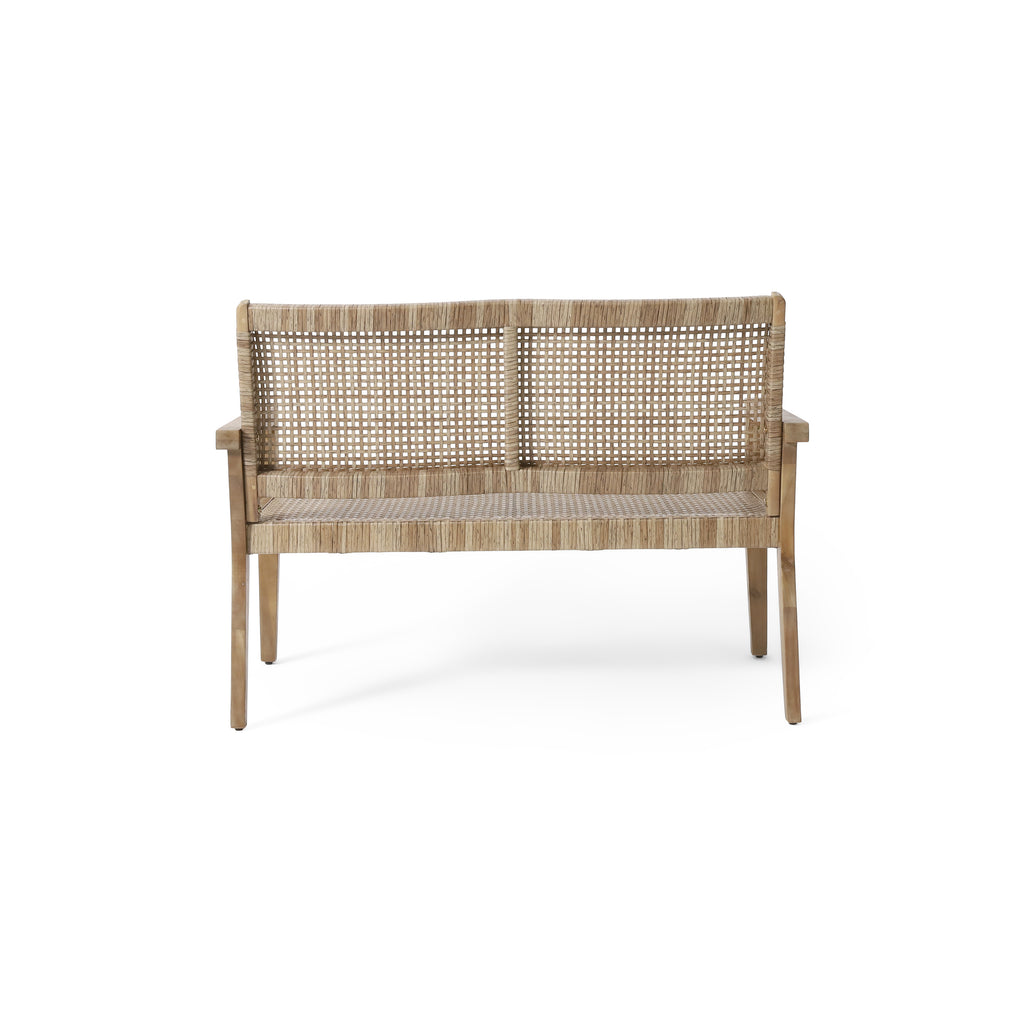 Outdoor Wicker and Acacia Wood Loveseat, Light Multibrown and Light Brown, 34'' H X 46.5'' W X 27.25'' D