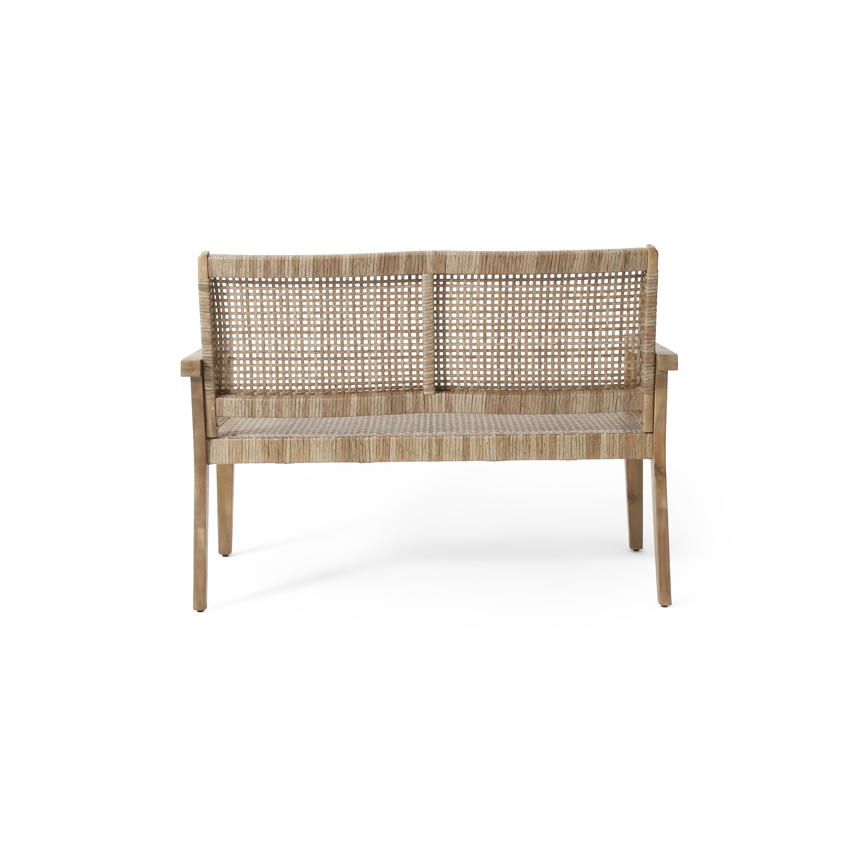 Outdoor Wicker and Acacia Wood Loveseat, Light Multibrown and Light Brown, 34'' H X 46.5'' W X 27.25'' D