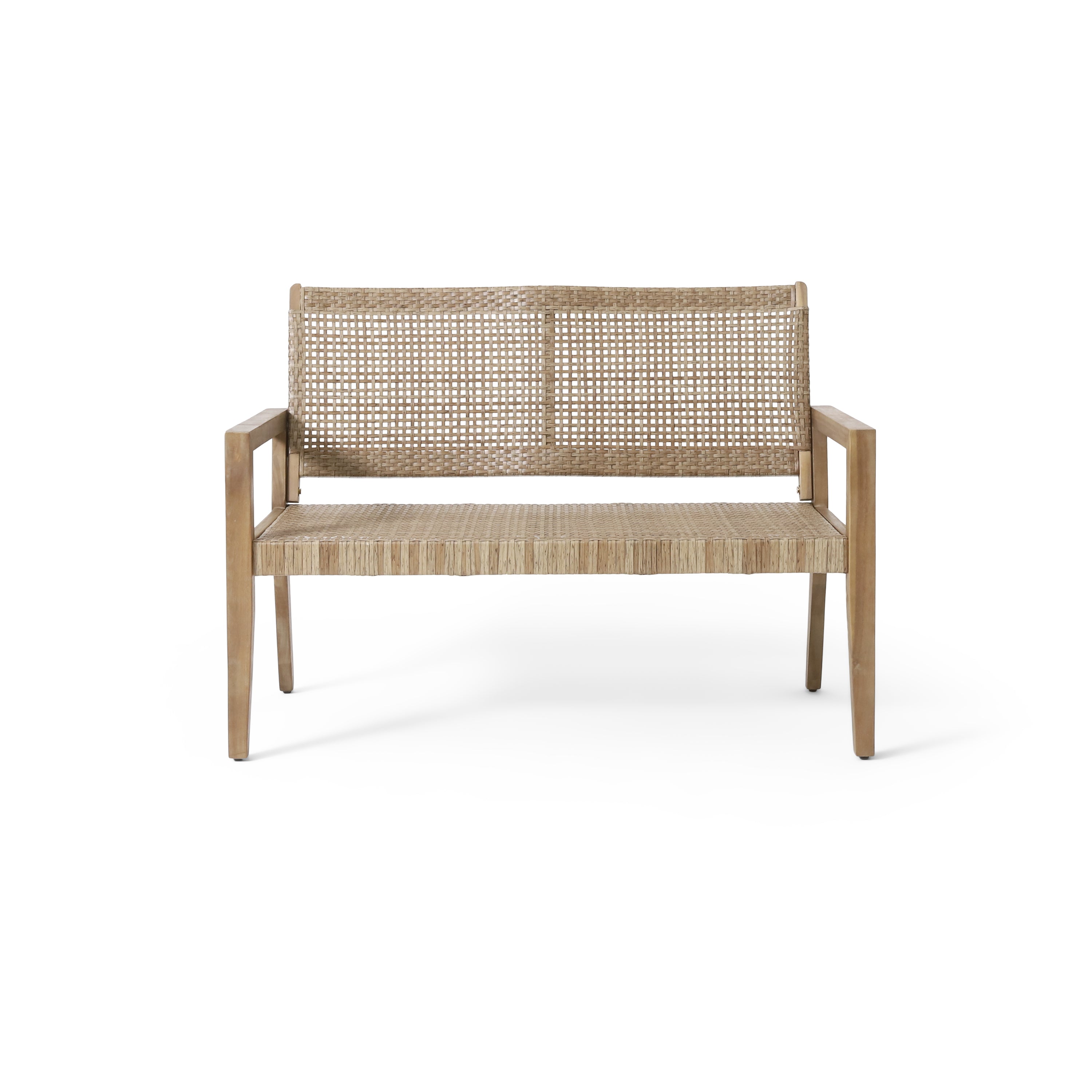 Outdoor Wicker and Acacia Wood Loveseat, Light Multibrown and Light Brown, 34'' H X 46.5'' W X 27.25'' D