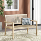 Outdoor Wicker and Acacia Wood Loveseat, Light Multibrown and Light Brown, 34'' H X 46.5'' W X 27.25'' D