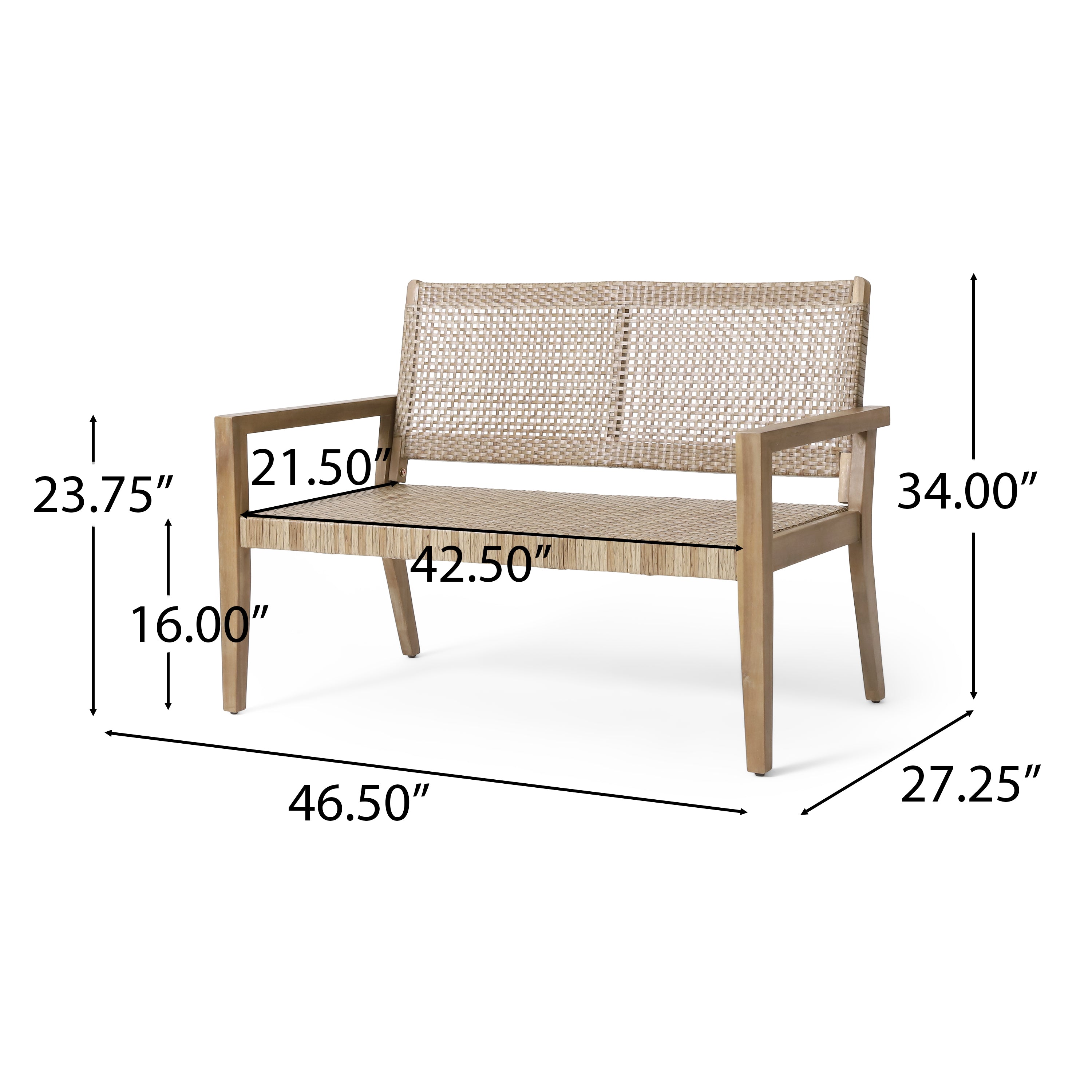 Outdoor Wicker and Acacia Wood Loveseat, Light Multibrown and Light Brown, 34'' H X 46.5'' W X 27.25'' D