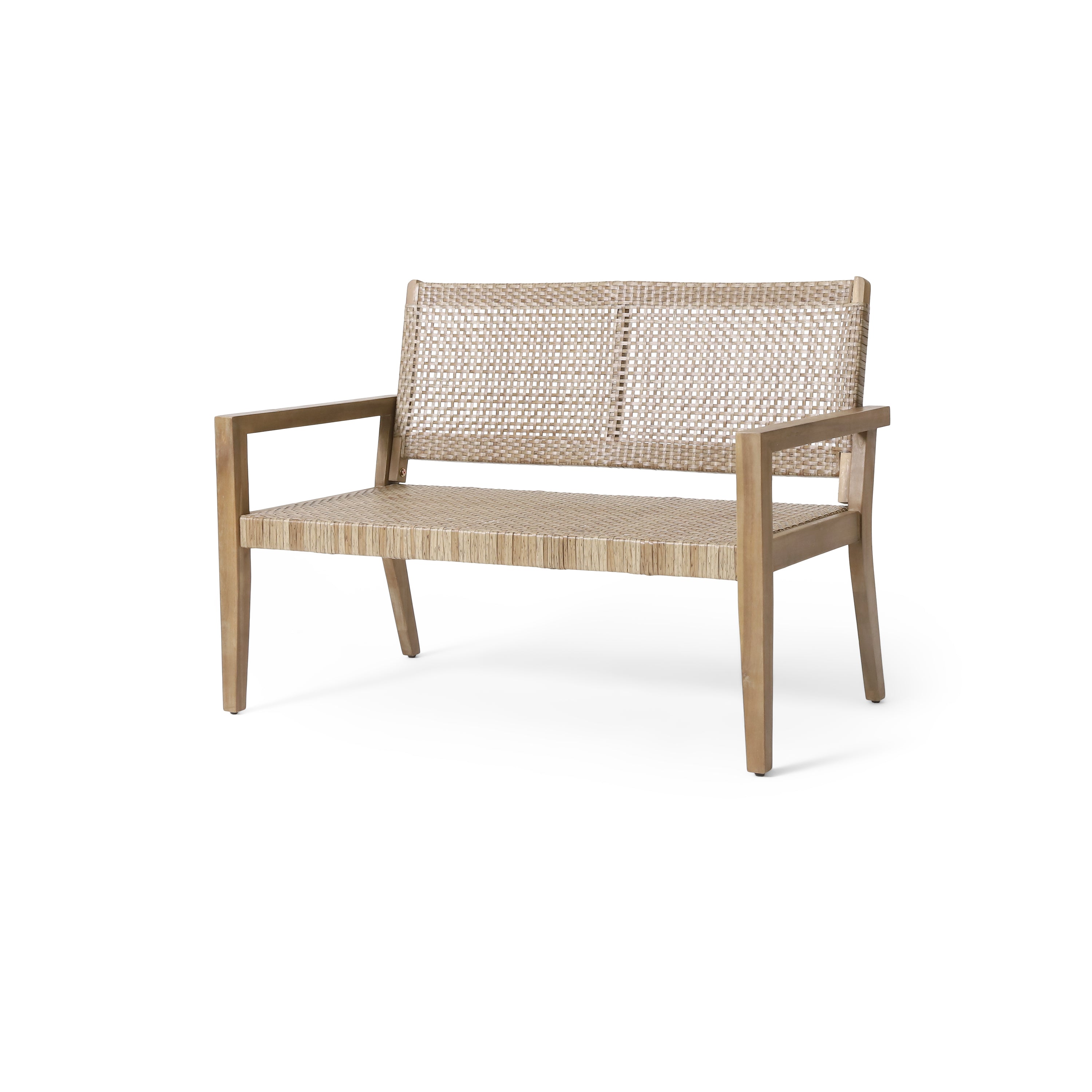 Outdoor Wicker and Acacia Wood Loveseat, Light Multibrown and Light Brown, 34'' H X 46.5'' W X 27.25'' D