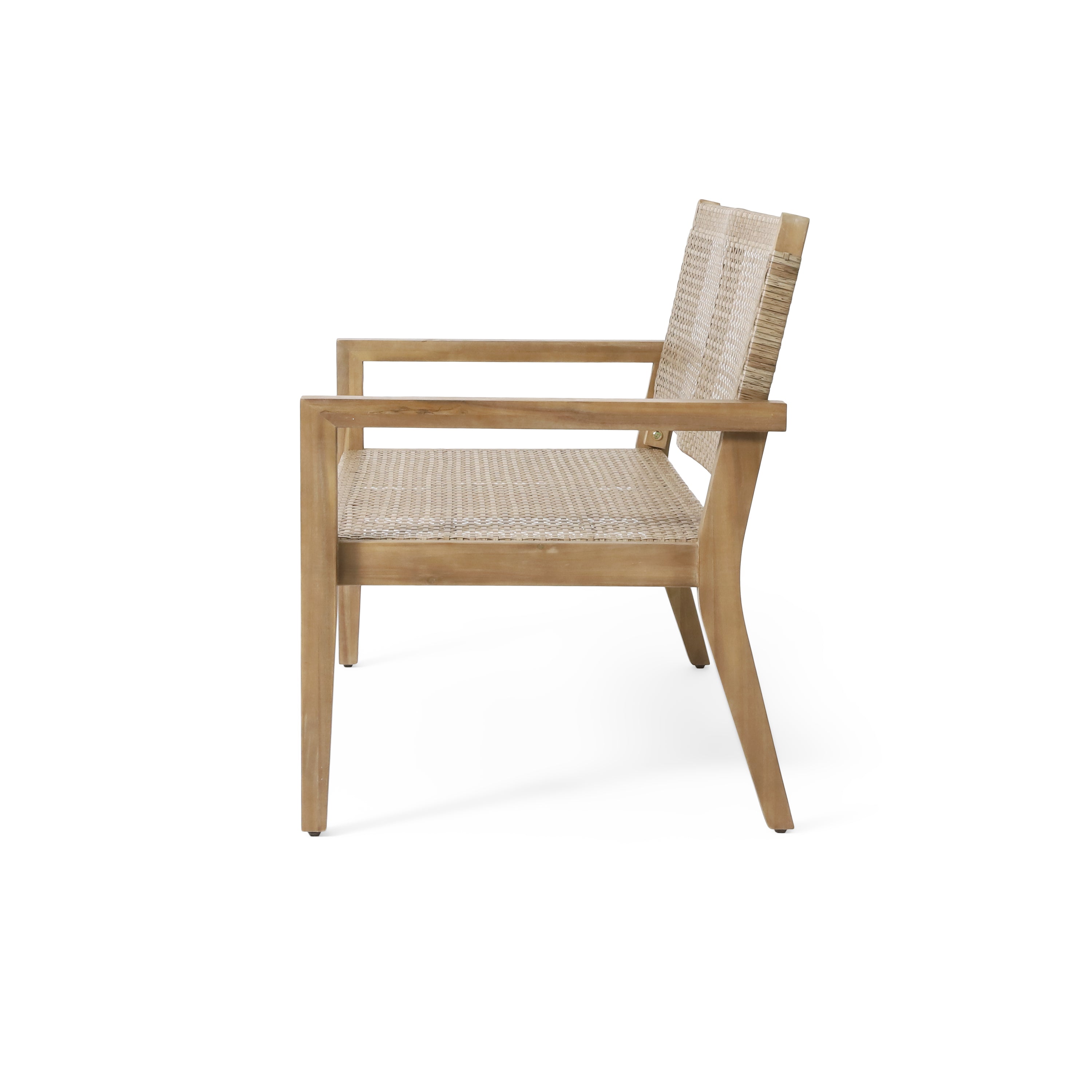 Outdoor Wicker and Acacia Wood Loveseat, Light Multibrown and Light Brown, 34'' H X 46.5'' W X 27.25'' D