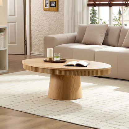 Modern Design Oval Handcraft Drum Coffee Table Length 47.24 inch Coffee Table for Living Room, Ellipse Coffee Table with Sturdy Pedestal,Natural Color