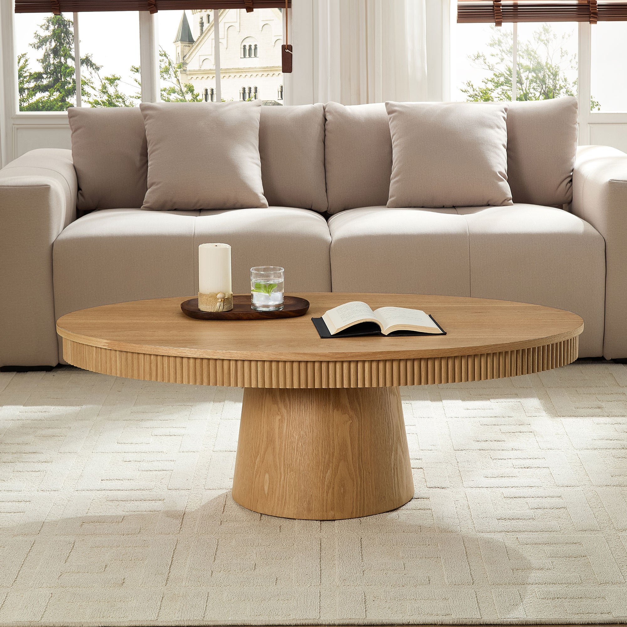 Modern Design Oval Handcraft Drum Coffee Table Length 47.24 inch Coffee Table for Living Room, Ellipse Coffee Table with Sturdy Pedestal,Natural Color