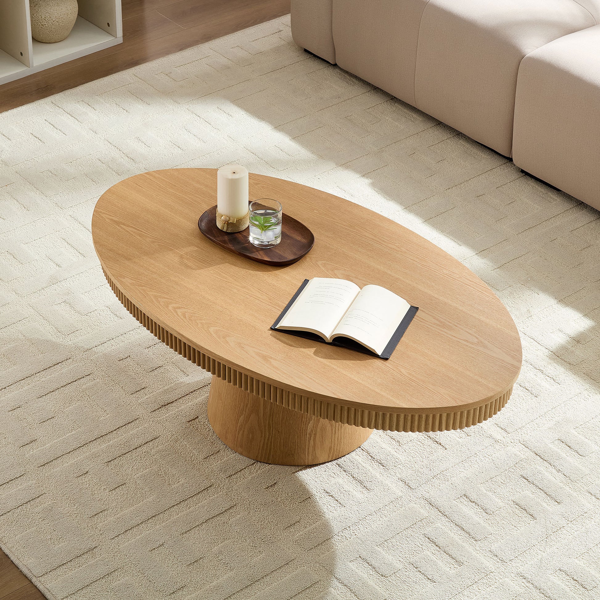 Modern Design Oval Handcraft Drum Coffee Table Length 47.24 inch Coffee Table for Living Room, Ellipse Coffee Table with Sturdy Pedestal,Natural Color