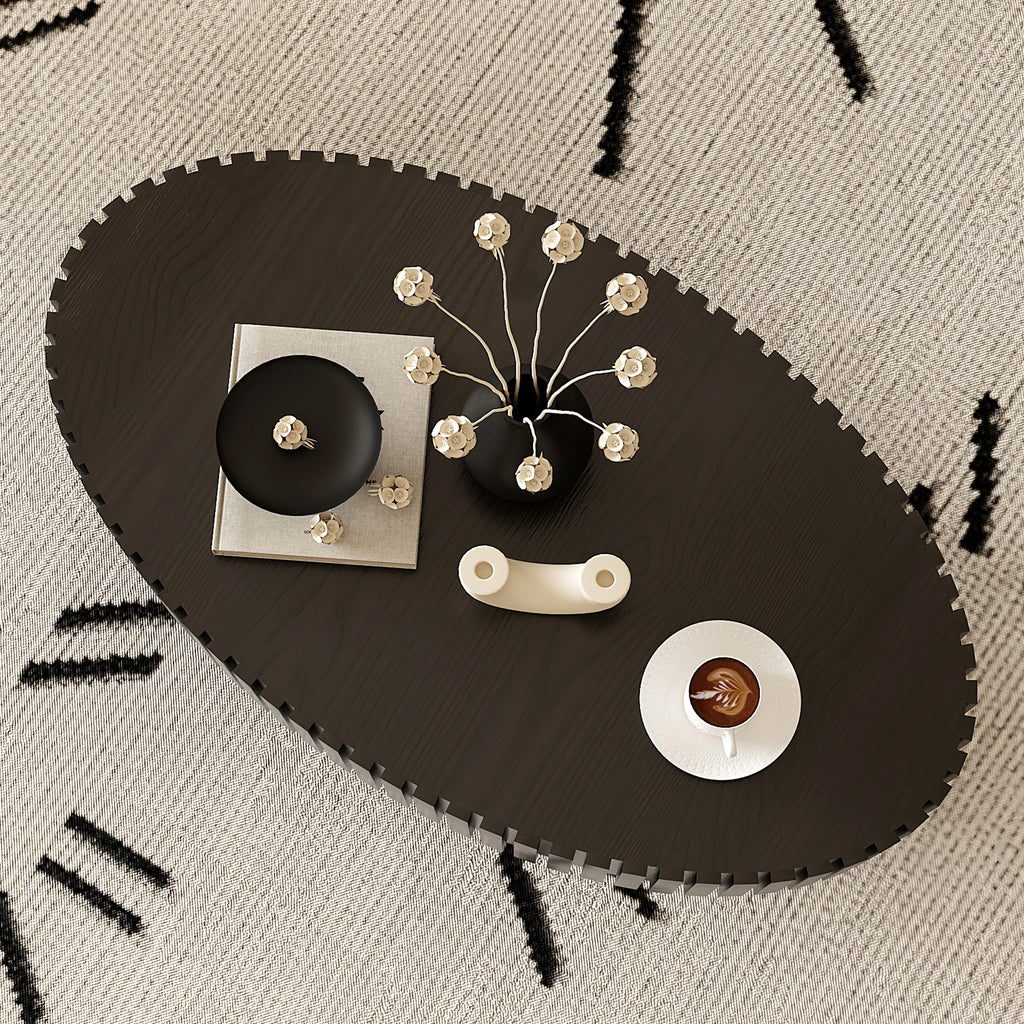 Oval Coffee Table Handcrafted Relief Sturdy Pedestal Wooden Olive-Shaped Tea Table for Living Room