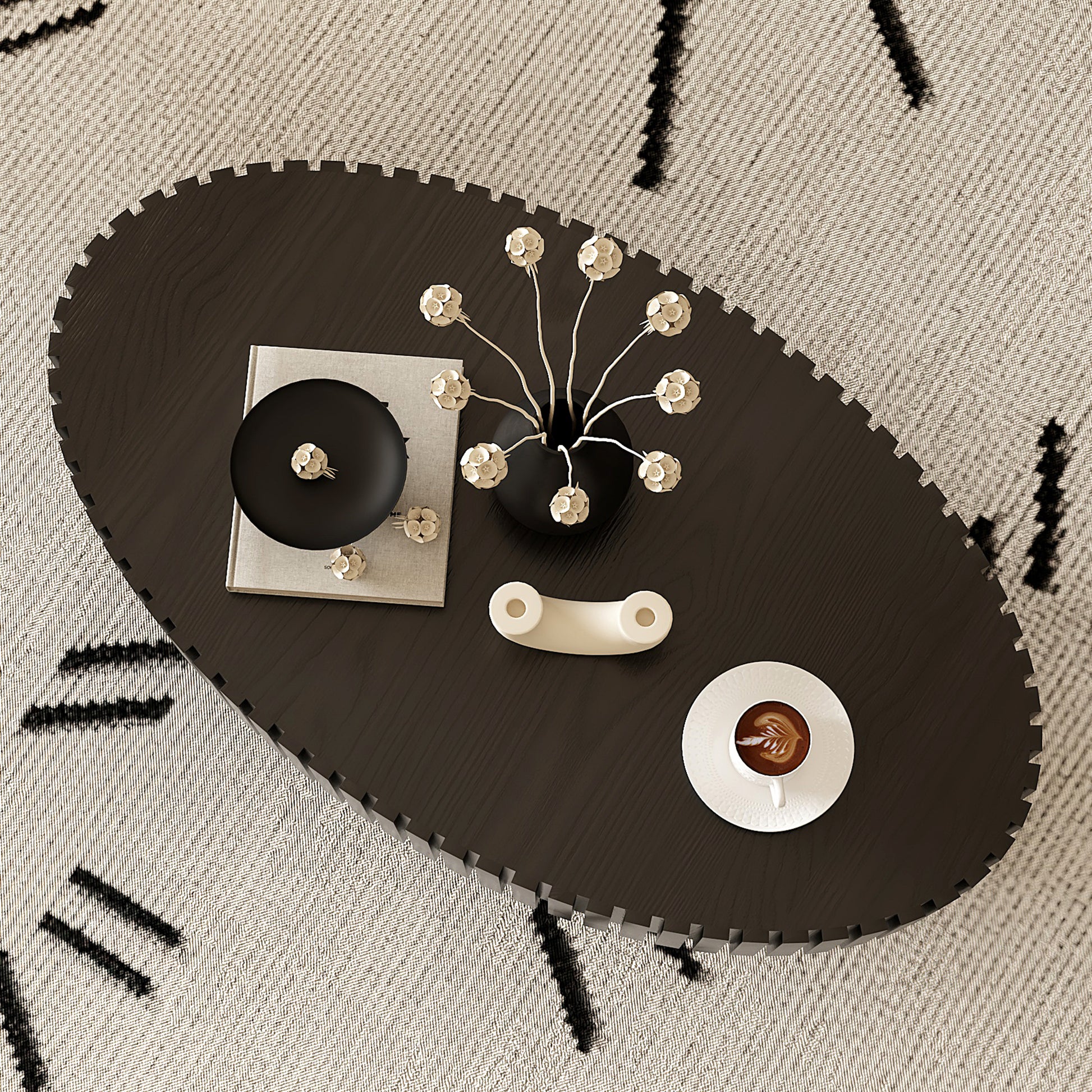 Oval Coffee Table Handcrafted Relief Sturdy Pedestal Wooden Olive-Shaped Tea Table for Living Room