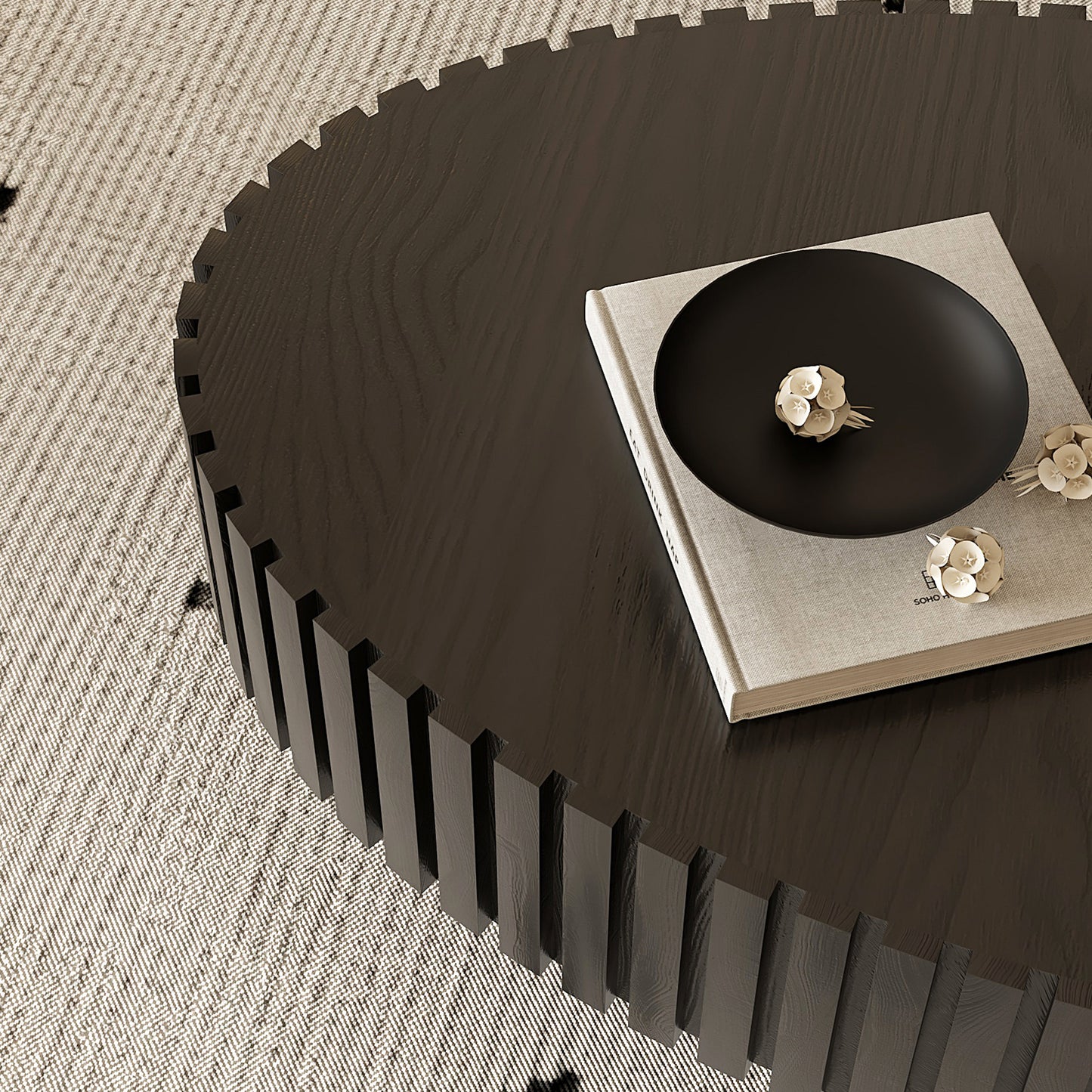 Oval Coffee Table Handcrafted Relief Sturdy Pedestal Wooden Olive-Shaped Tea Table for Living Room